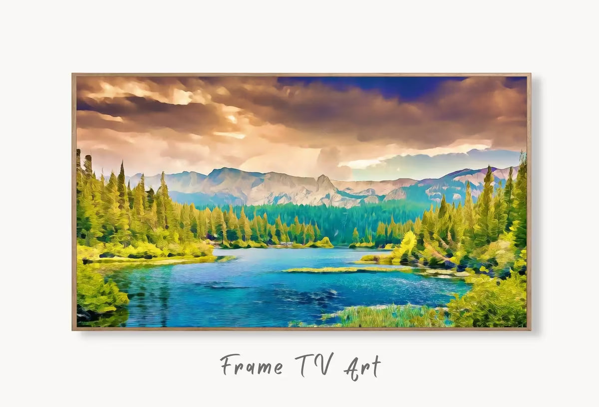 Samsung Frame TV Art Forest Landscape with a Lake, , Digital Art for Tv, Colorful Frame TV Art – Frame TV  Art