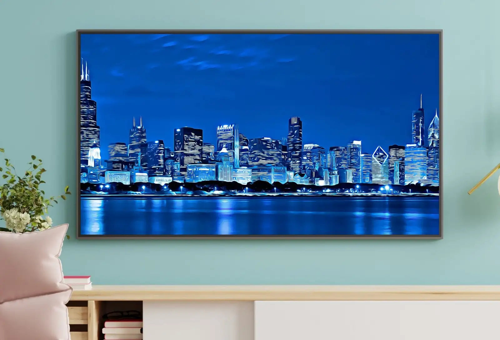 Detail view of artwork from Samsung Frame TV Art of Chicago Skyline At Night Digital Download, Digital Art for Tv, Colorful Frame TV Art. (variation 1)