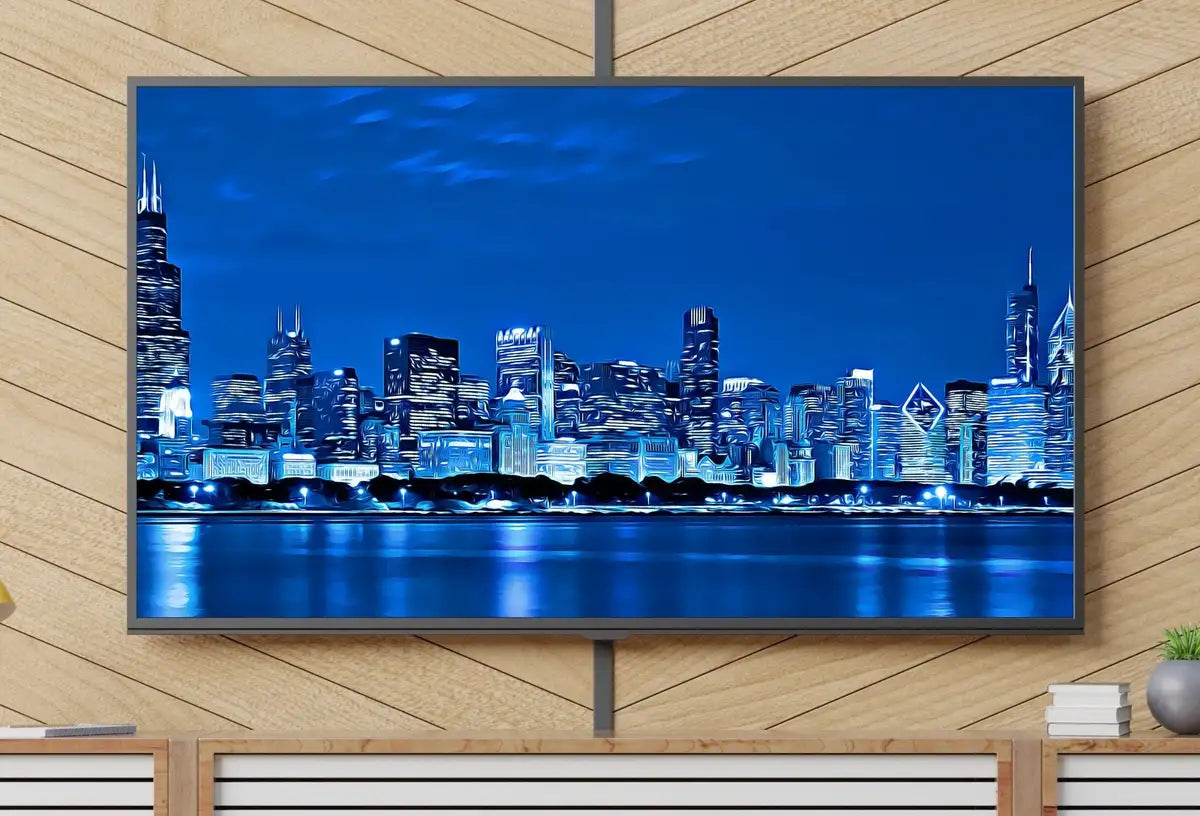 Detail view of artwork from Samsung Frame TV Art of Chicago Skyline At Night Digital Download, Digital Art for Tv, Colorful Frame TV Art. (variation 2)