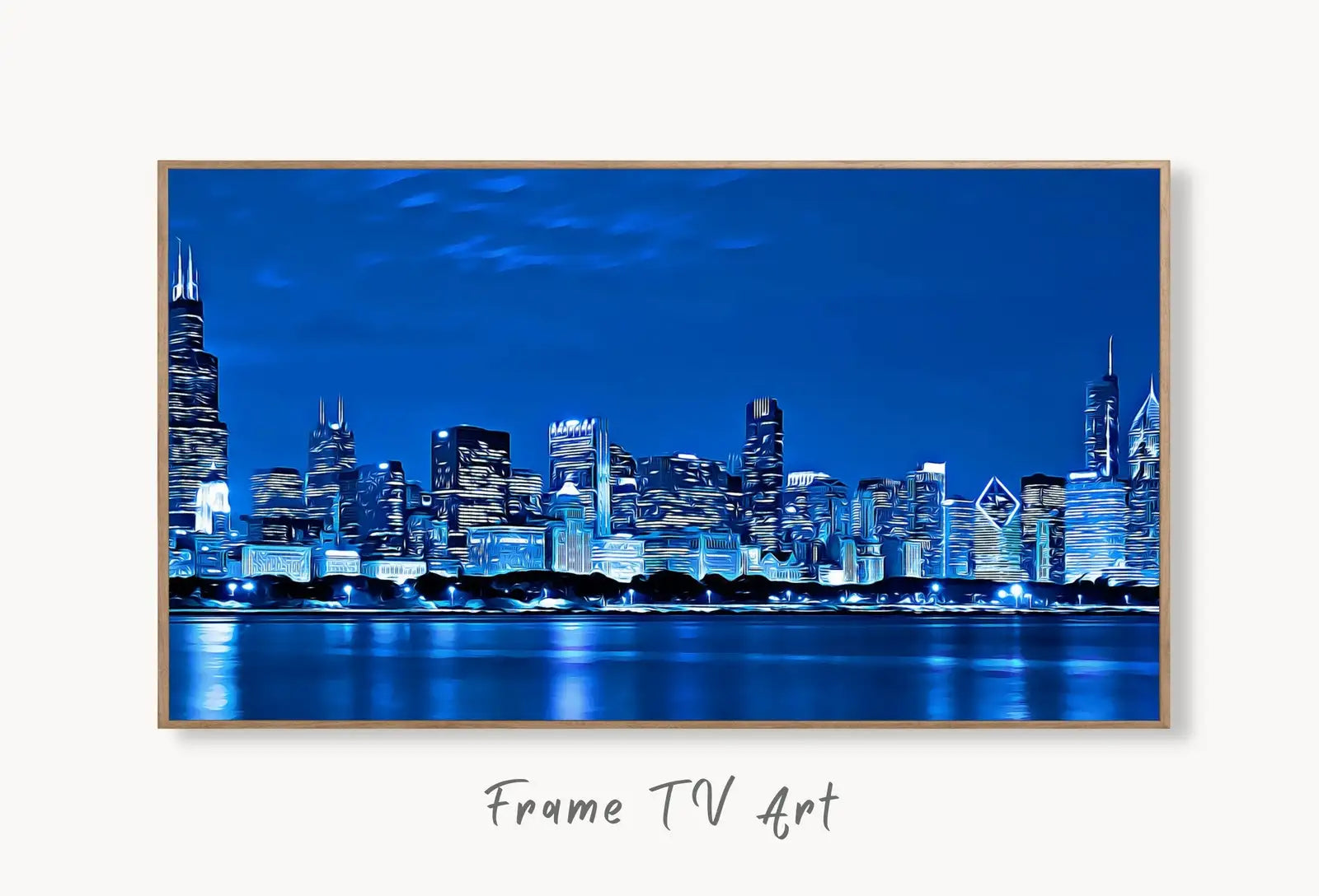 Samsung Frame TV Art of Chicago Skyline At Night Digital Download, Digital Art for Tv, Colorful Frame TV Art displayed on Samsung Frame TV on a living room wall.