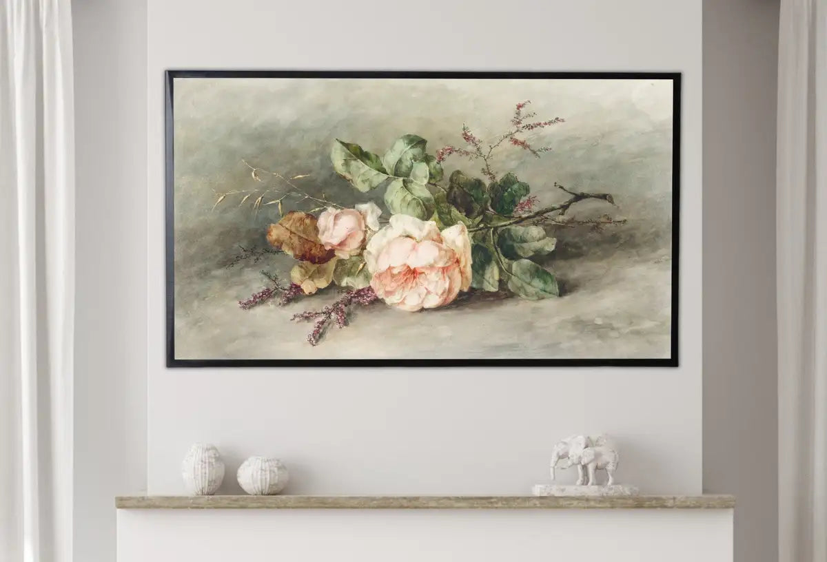 Detail view of artwork from Samsung Frame TV Art Rose Vintage Flower Painting. Still Life Neutral Watercolor Painting Digital Download. Antique Floral Botanical Art. (variation 2)