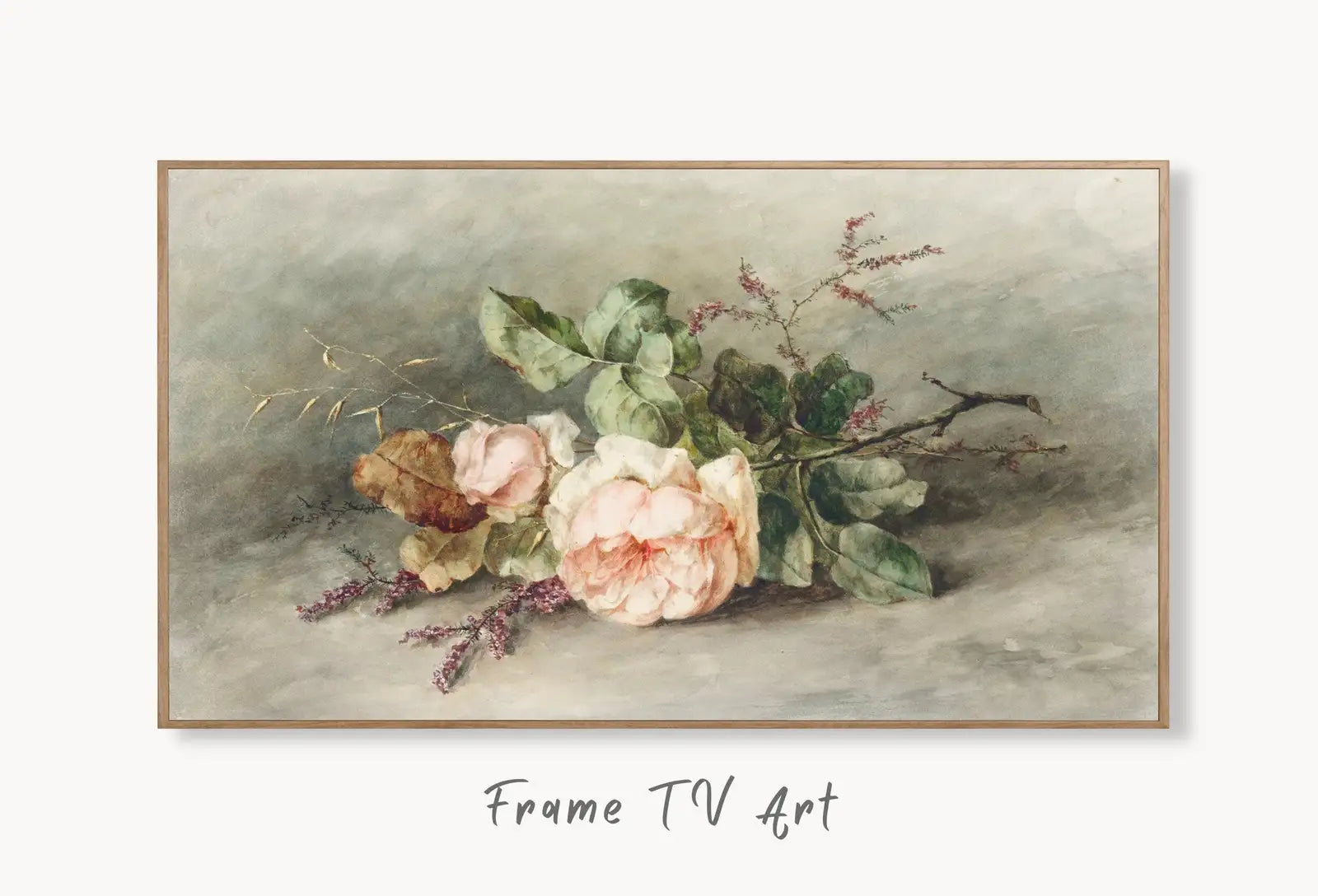 Samsung Frame TV Art Rose Vintage Flower Painting. Still Life Neutral Watercolor Painting Digital Download. Antique Floral Botanical Art displayed on Samsung Frame TV on a living room wall.