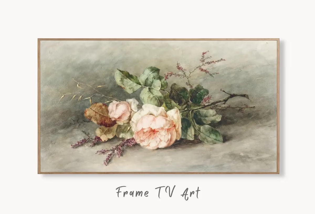 Samsung Frame TV Art Rose Vintage Flower Painting. Still Life Neutral Watercolor Painting . Antique Floral Botanical Art – Frame TV  Art