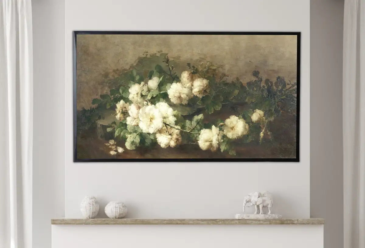 Detail view of artwork from Samsung Frame TV Art Vintage Flowers Painting. Still Life Roses Neutral Watercolor Painting Digital Download. Antique Floral Botanical Art. (variation 2)