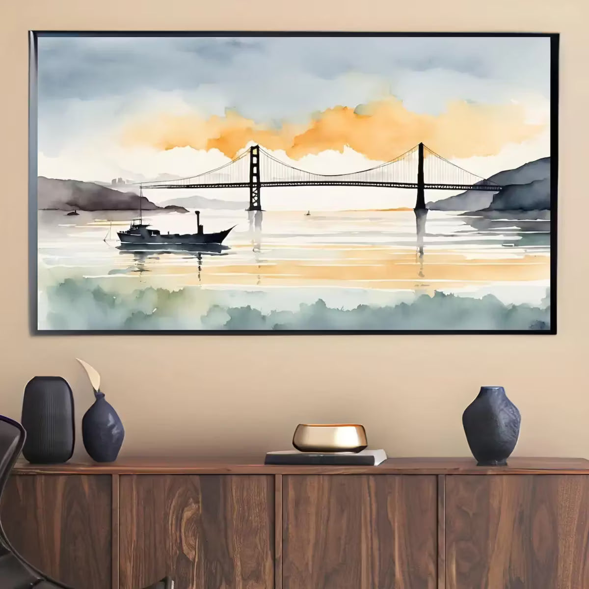 San Francisco Art For Frame TV. Golden Gate Decor For Modern Artwork. Bay Watercolor Urban Landscape 4K Wall Art – Frame TV  Art