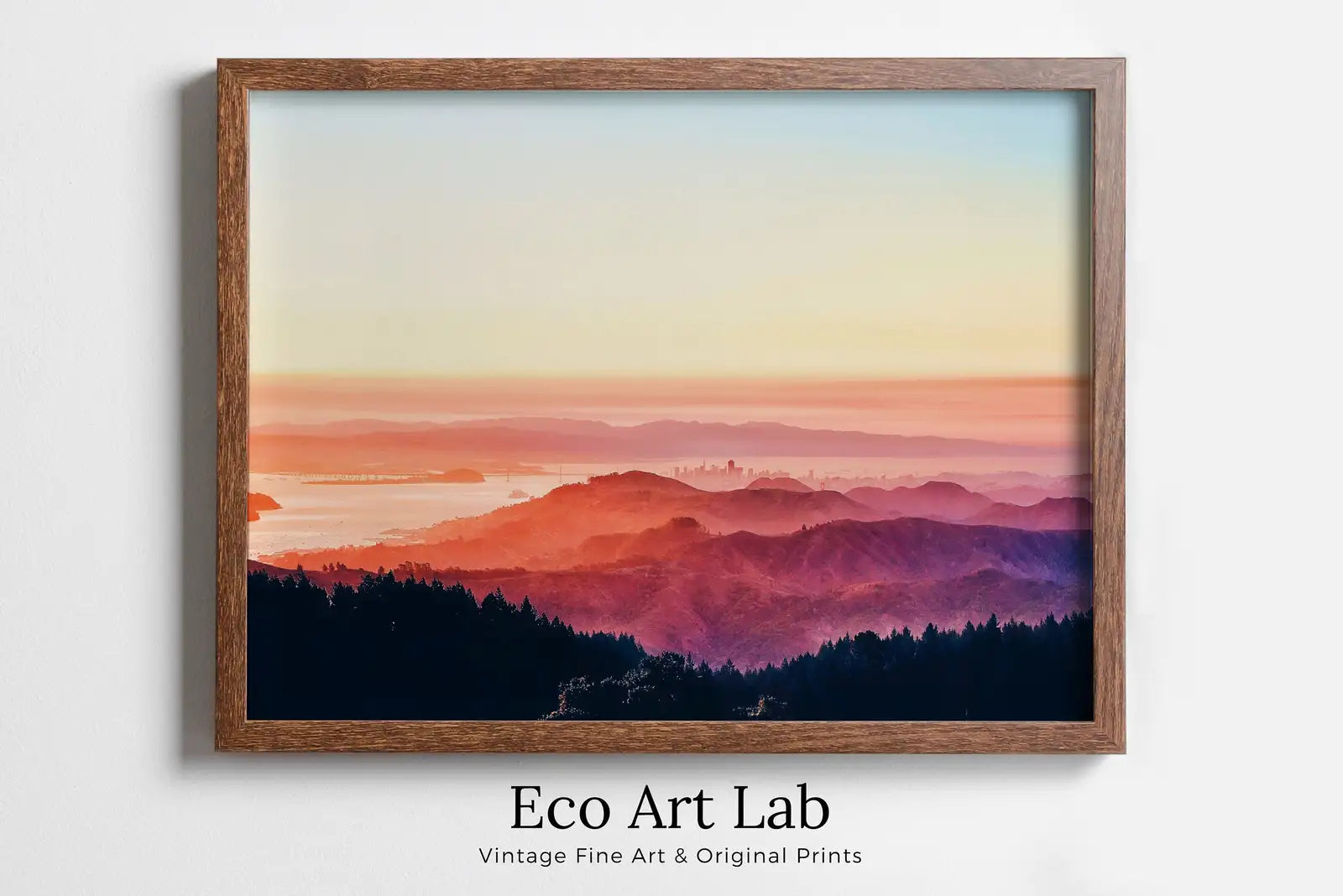 Framed view of San Francisco California Sunset Landscape Digital Painting. Colorful California Printable Art. Evening Mountains Landscape Wall Art. – printable wall art digital download.