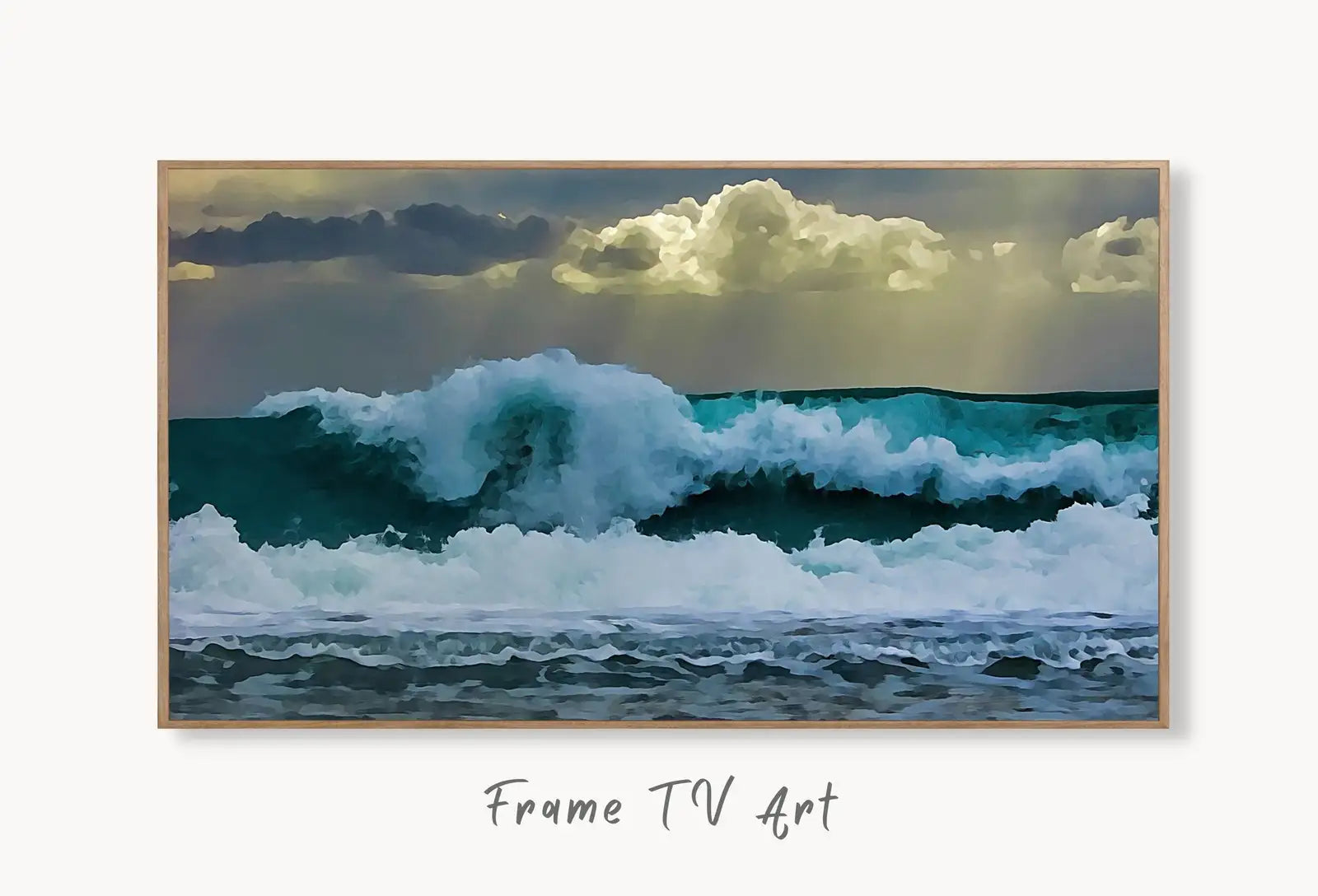 Sea Waves Samsung Frame TV Art. Ocean Wave Wall Art, Digital Download for Samsung Frame. Downloadable Samsung Art TV displayed on Samsung Frame TV on a living room wall.