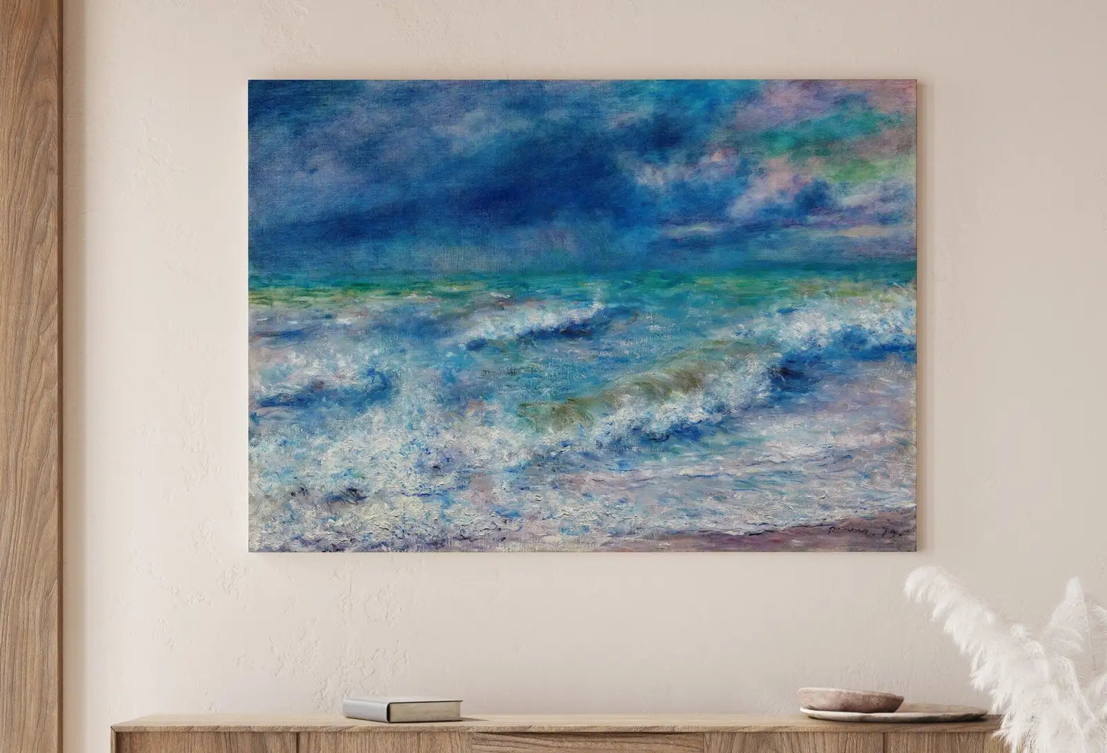 Detail view of artwork from Seascape Vintage Renoir Print Painting. Printable Wall Art. Ocean Waves Instant Download Coastal Watercolor Wall Art. Nautical Decor Print. (variation 2)
