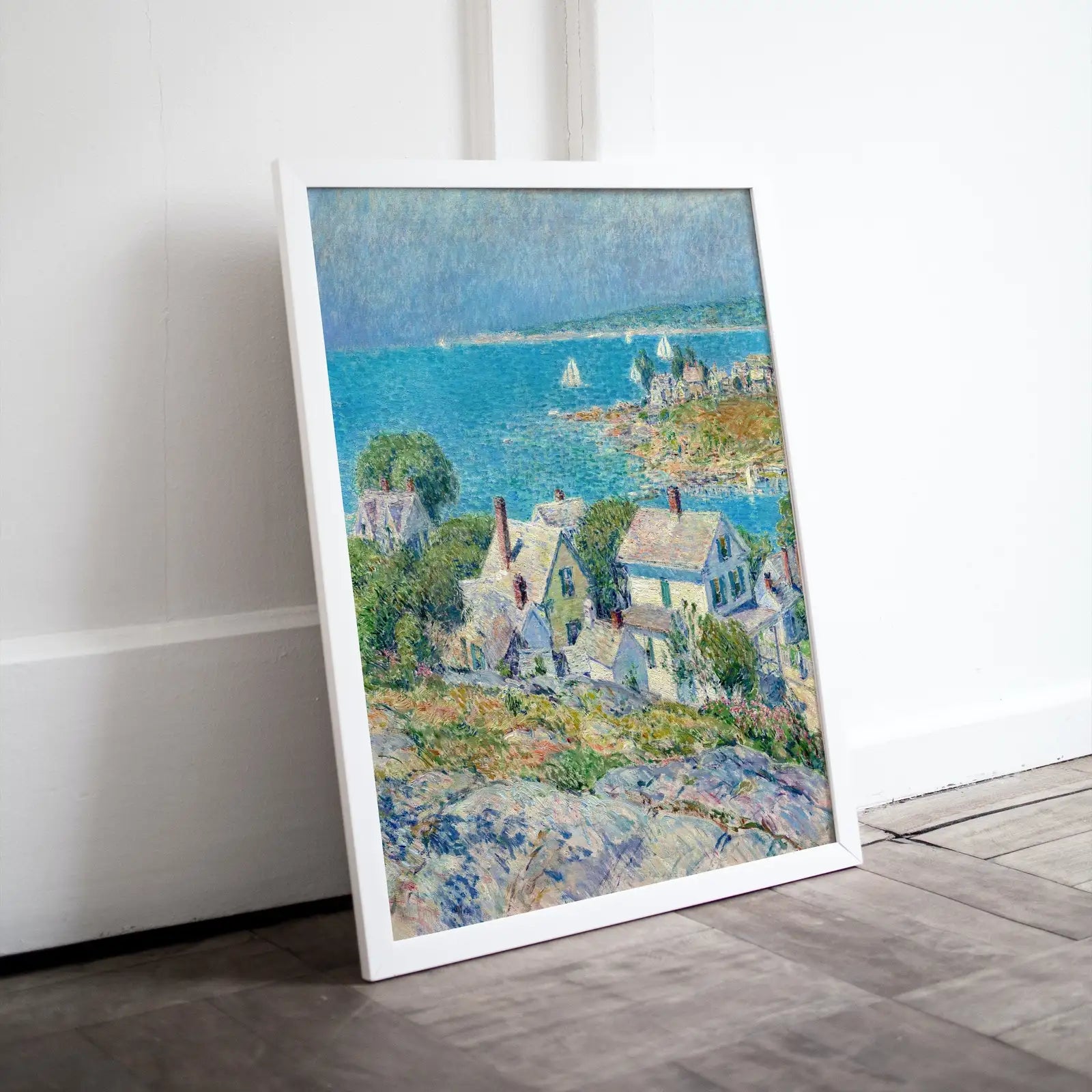 Included artwork preview showing first selection of artworks from Seaside Town Impressionist Vintage Painting. Landscape Printable Wall Art. Ocean View Antique Oil Painting. Nautical Wall Decor. Boats Art..