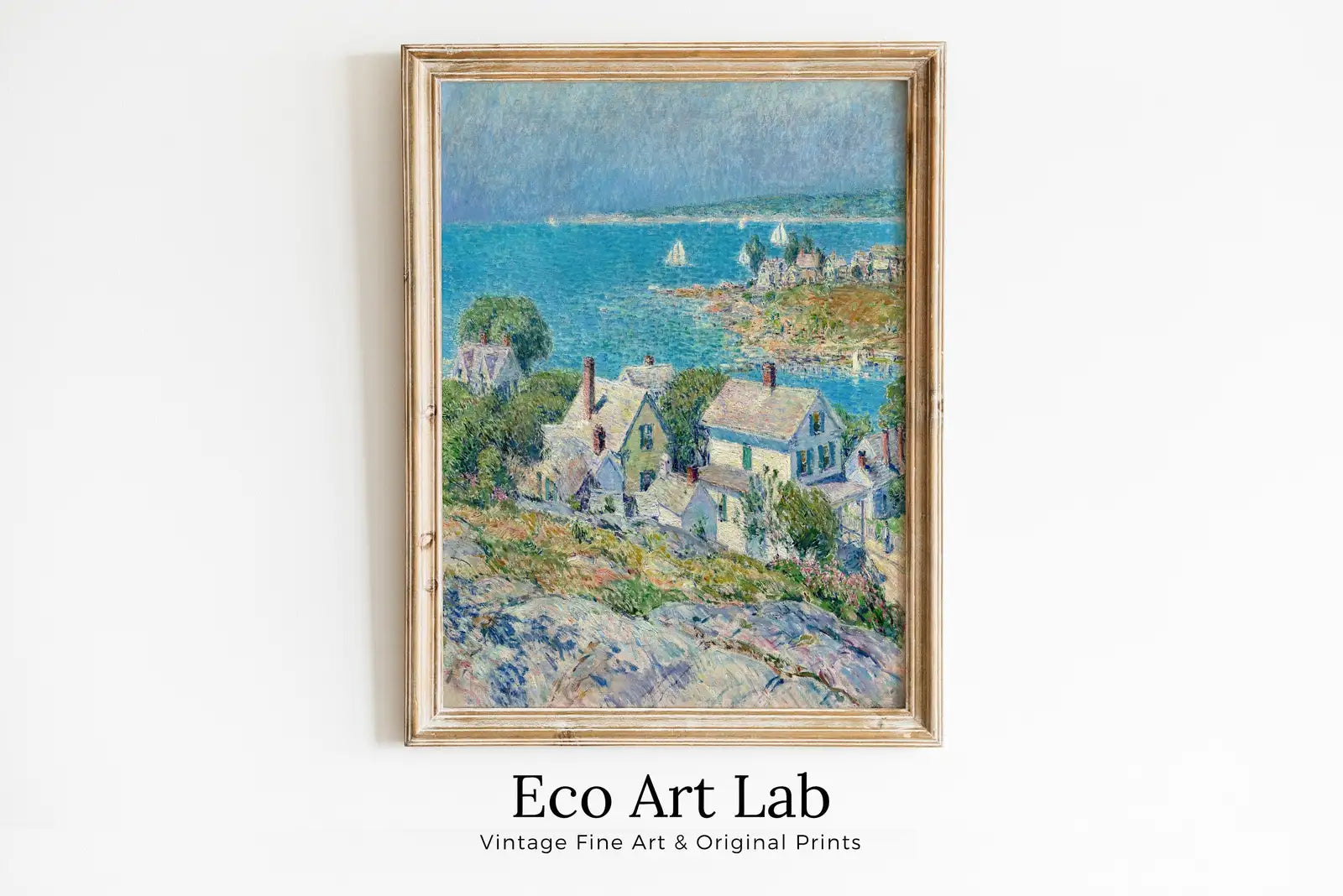 Framed view of Seaside Town Impressionist Vintage Painting. Landscape Printable Wall Art. Ocean View Antique Oil Painting. Nautical Wall Decor. Boats Art. – printable wall art digital download.