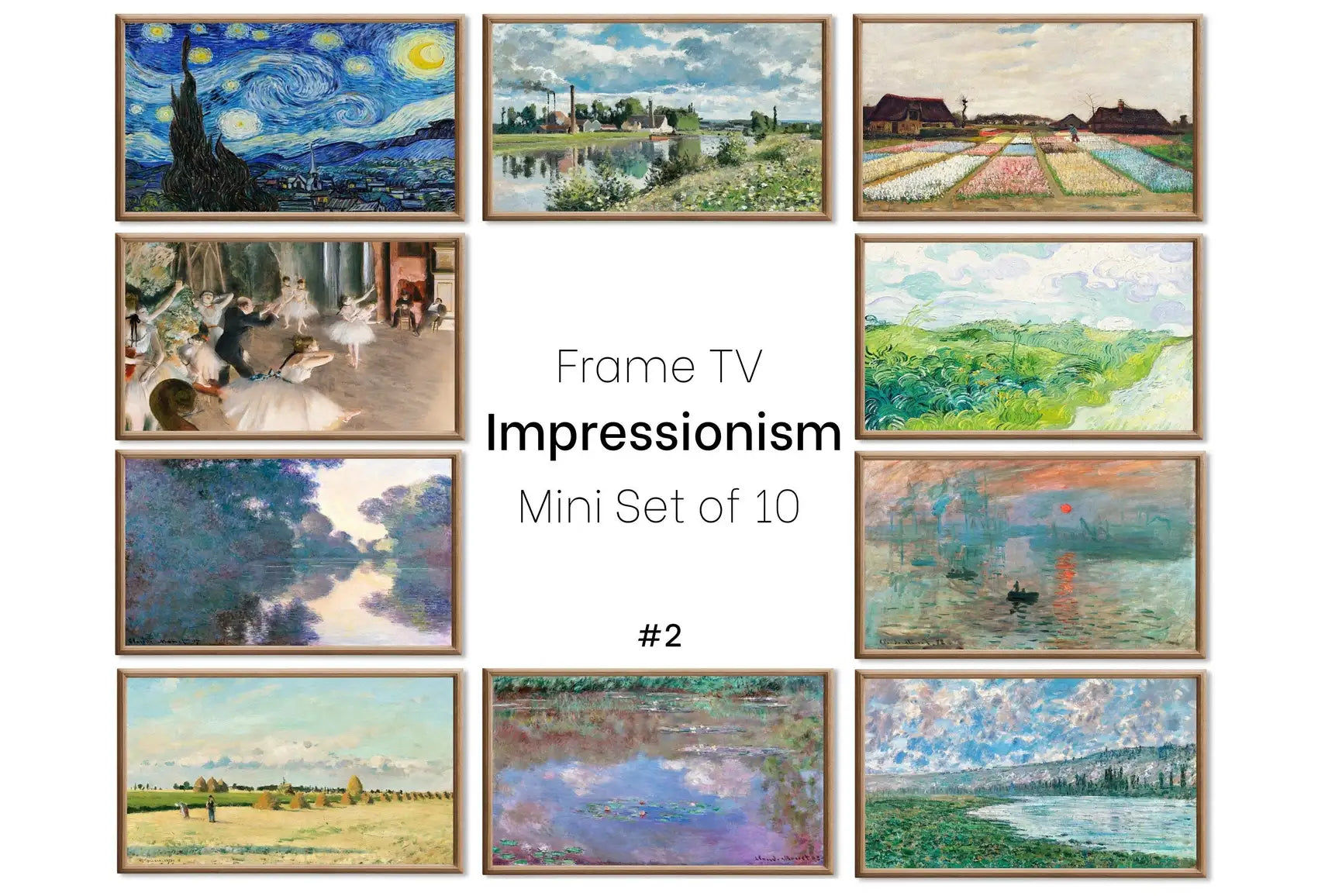 Set of 10 Samsung Frame TV 4K Art. Famous Impressionist Paintings Collection #2. Van Gogh. Monet. Pissarro Instant Download Frame TV Art Set displayed on Samsung Frame TV on a living room wall.