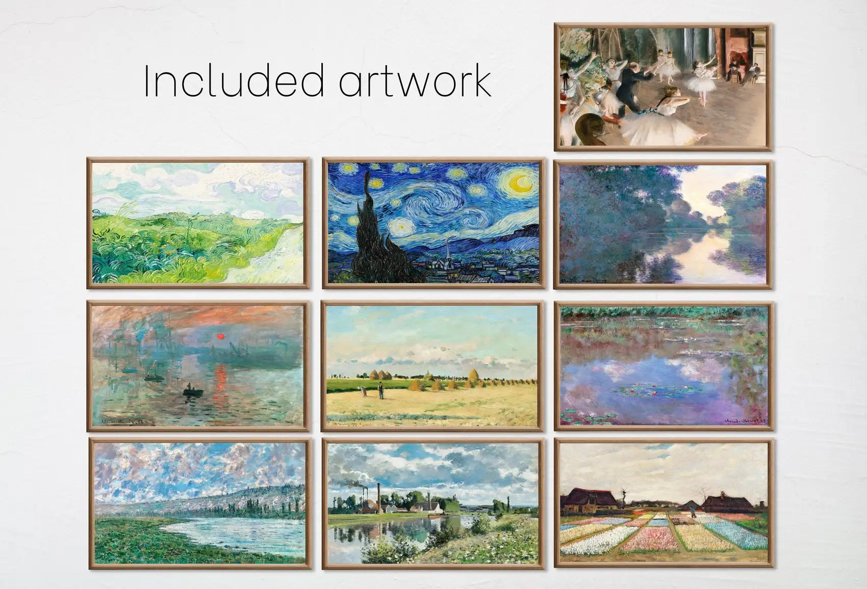 Included artwork preview showing first selection of artworks from Set of 10 Samsung Frame TV 4K Art. Famous Impressionist Paintings Collection #2. Van Gogh. Monet. Pissarro Instant Download Frame TV Art Set.