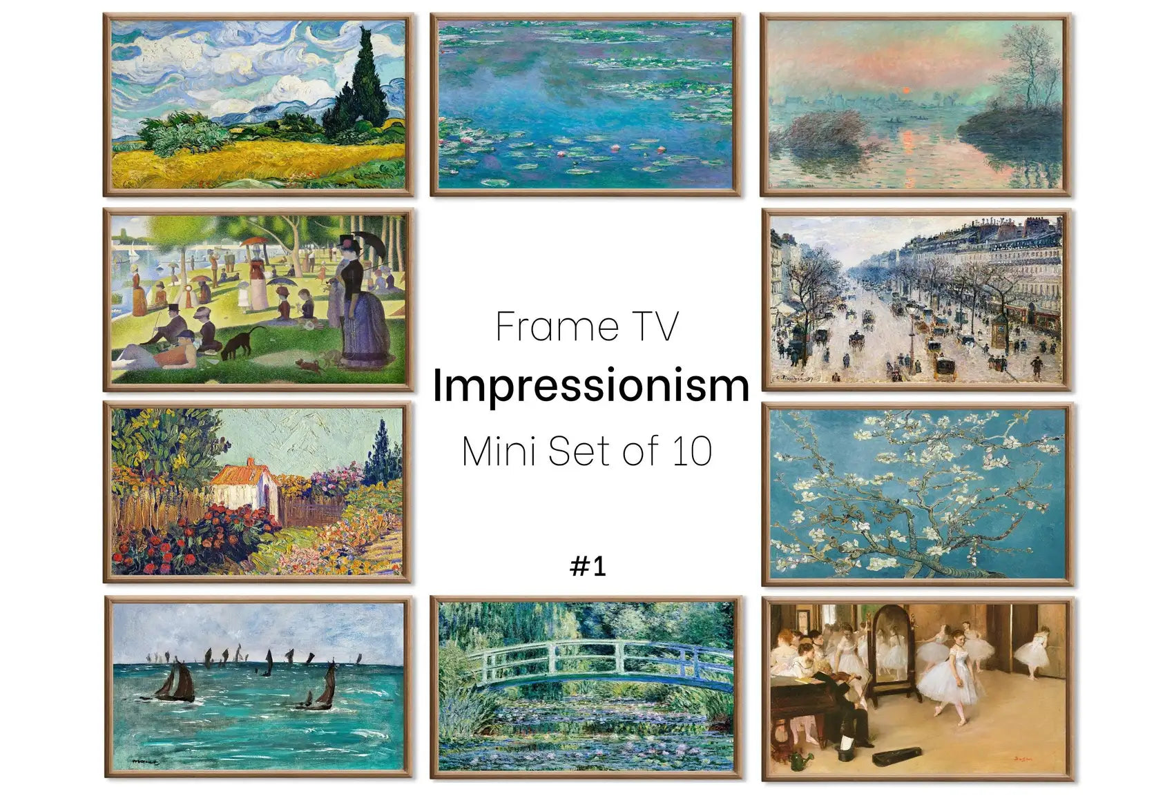 Set of 10 Samsung Frame TV 4K Art. Famous Impressionist Paintings Collection. Van Gogh. Monet. Pissarro. Instant Download Frame TV Art Set displayed on Samsung Frame TV on a living room wall.