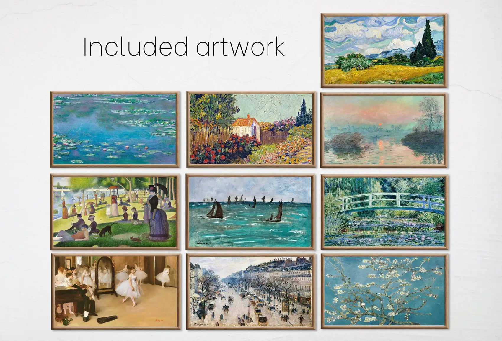 Included artwork preview showing first selection of artworks from Set of 10 Samsung Frame TV 4K Art. Famous Impressionist Paintings Collection. Van Gogh. Monet. Pissarro. Instant Download Frame TV Art Set.