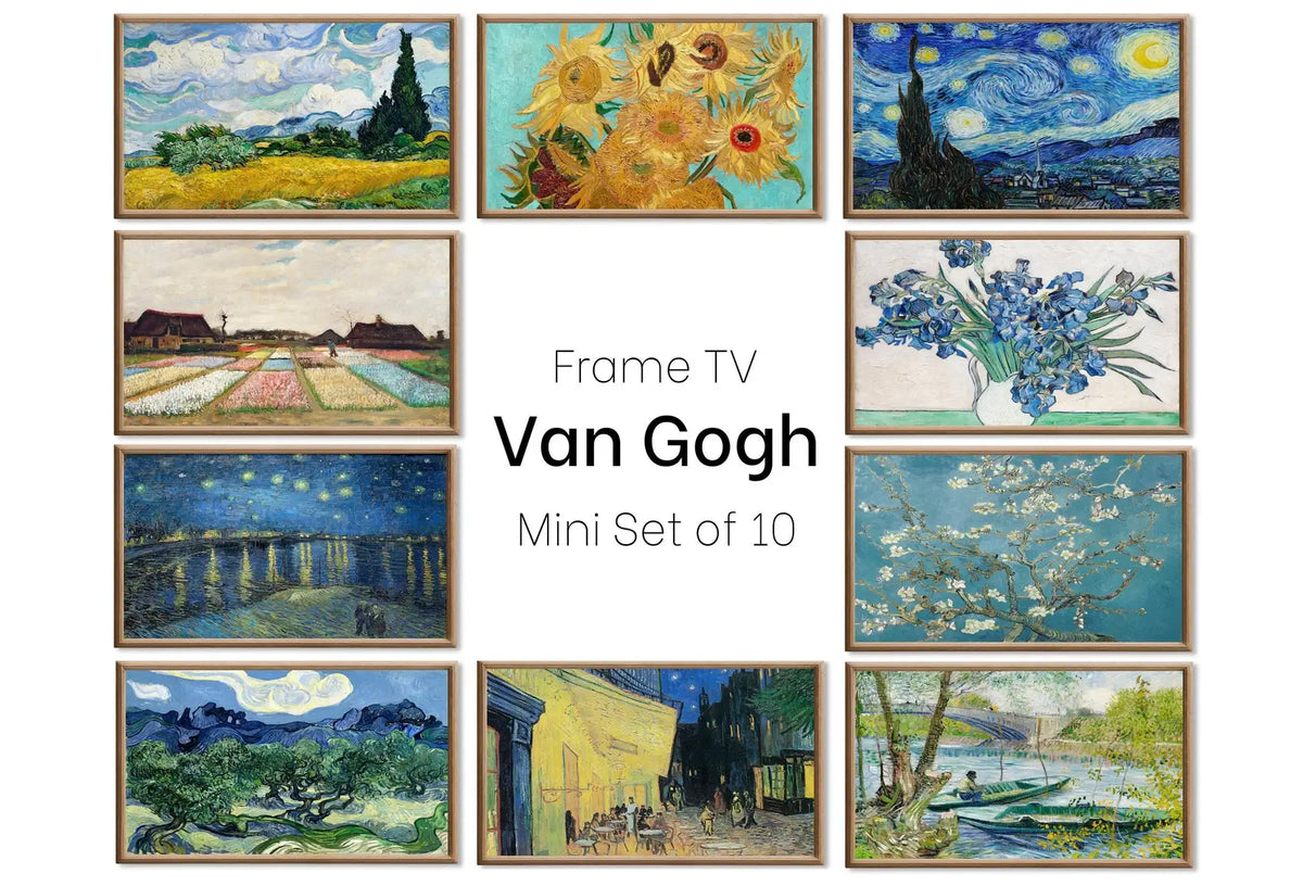 Set of 10 Samsung Frame TV 4K Art. Ultimate Van Gogh Famous Paintings Collection. Vincent Van Gogh Art Set. Instant Download Frame TV Art displayed on Samsung Frame TV on a living room wall.