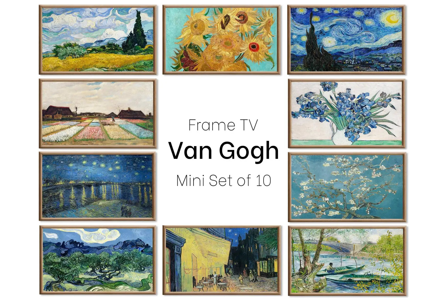 Set of 10 Samsung Frame TV 4K Art. Ultimate Van Gogh Famous Paintings Collection. Vincent Van Gogh Art Set. Instant Download Frame TV Art displayed on Samsung Frame TV on a living room wall.