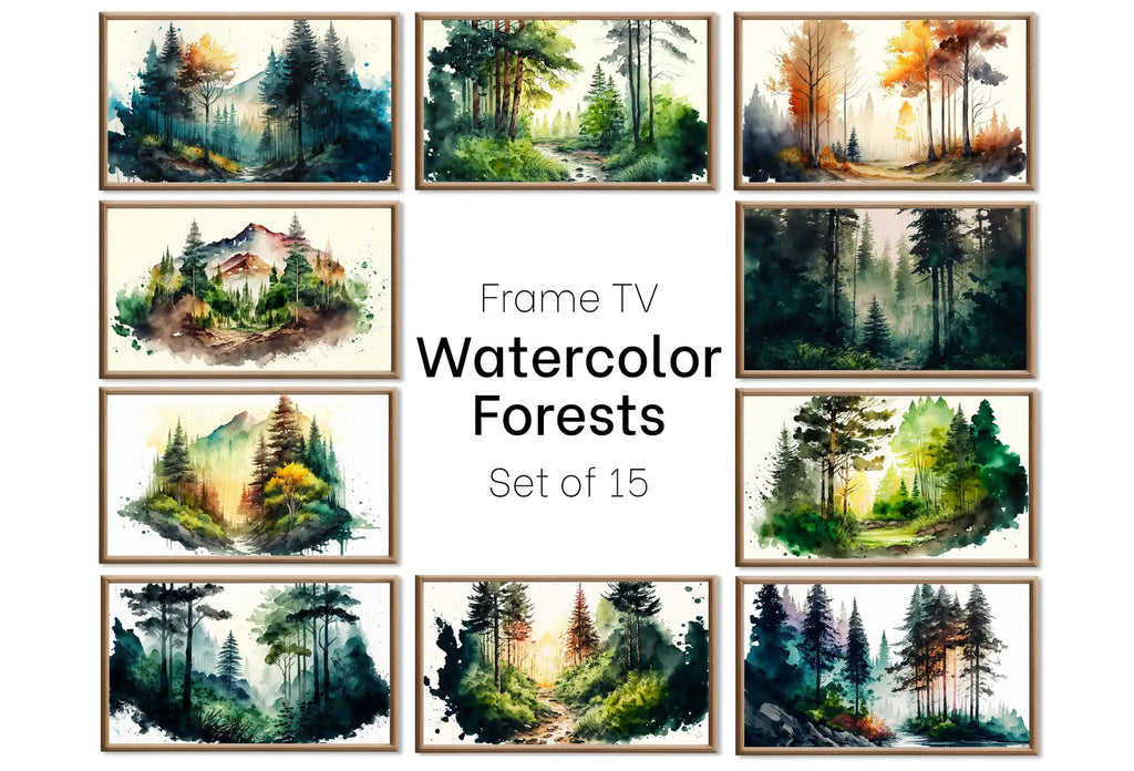 Set of 15 Samsung Frame TV 4K Art. Forests Landscape Watercolor Paintings. Nature Collection TV Art Set. Instant Download Frame TV Art displayed on Samsung Frame TV on a living room wall.
