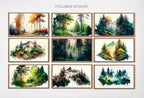 Included artwork preview showing first selection of artworks from Set of 15 Samsung Frame TV 4K Art. Forests Landscape Watercolor Paintings. Nature Collection TV Art Set. Instant Download Frame TV Art.