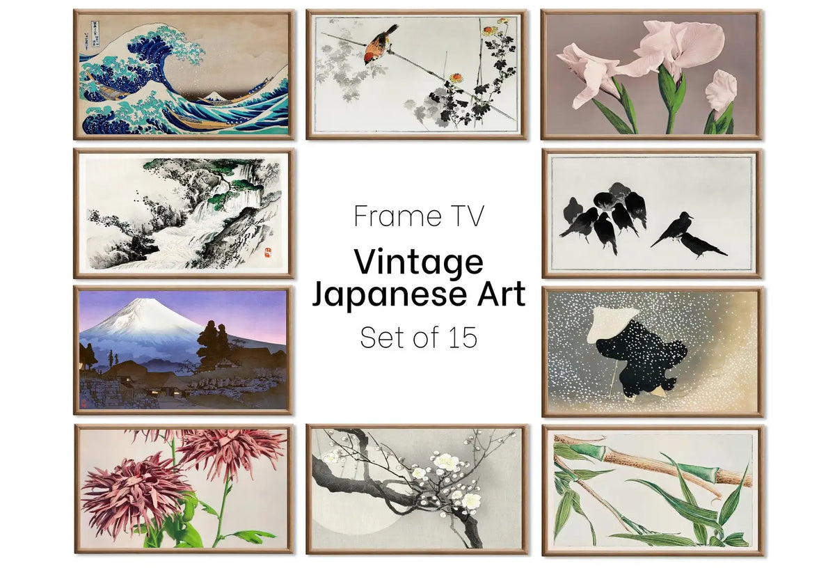 Set of 15 Samsung Frame TV 4K Art. Vintage Japanese Paintings Collection. Antique Japanese Art Set. Instant Download Japanese Frame TV Art displayed on Samsung Frame TV on a living room wall.