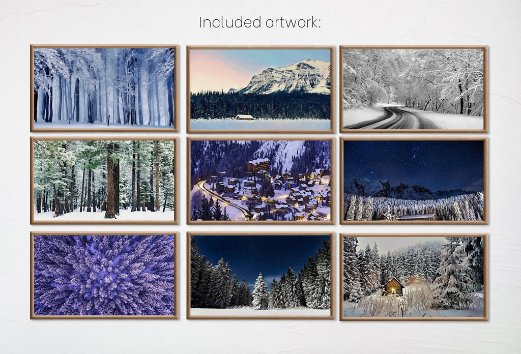 Included artwork preview showing first selection of artworks from Set of 15 Samsung Frame TV 4K Art. Winter Wall Art Nature Digital Collection. Winter Snow Decor TV Art Set. Instant Download Frame TV Art..
