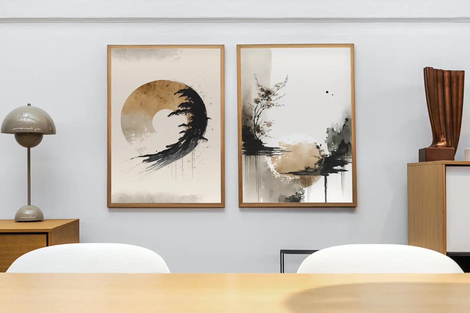 Ensemble de 2 tableaux abstraits modernes et neutres. Impressions abstraites wabi sabi en noir et beige, galerie murale minimaliste Zen, art mural Japandi