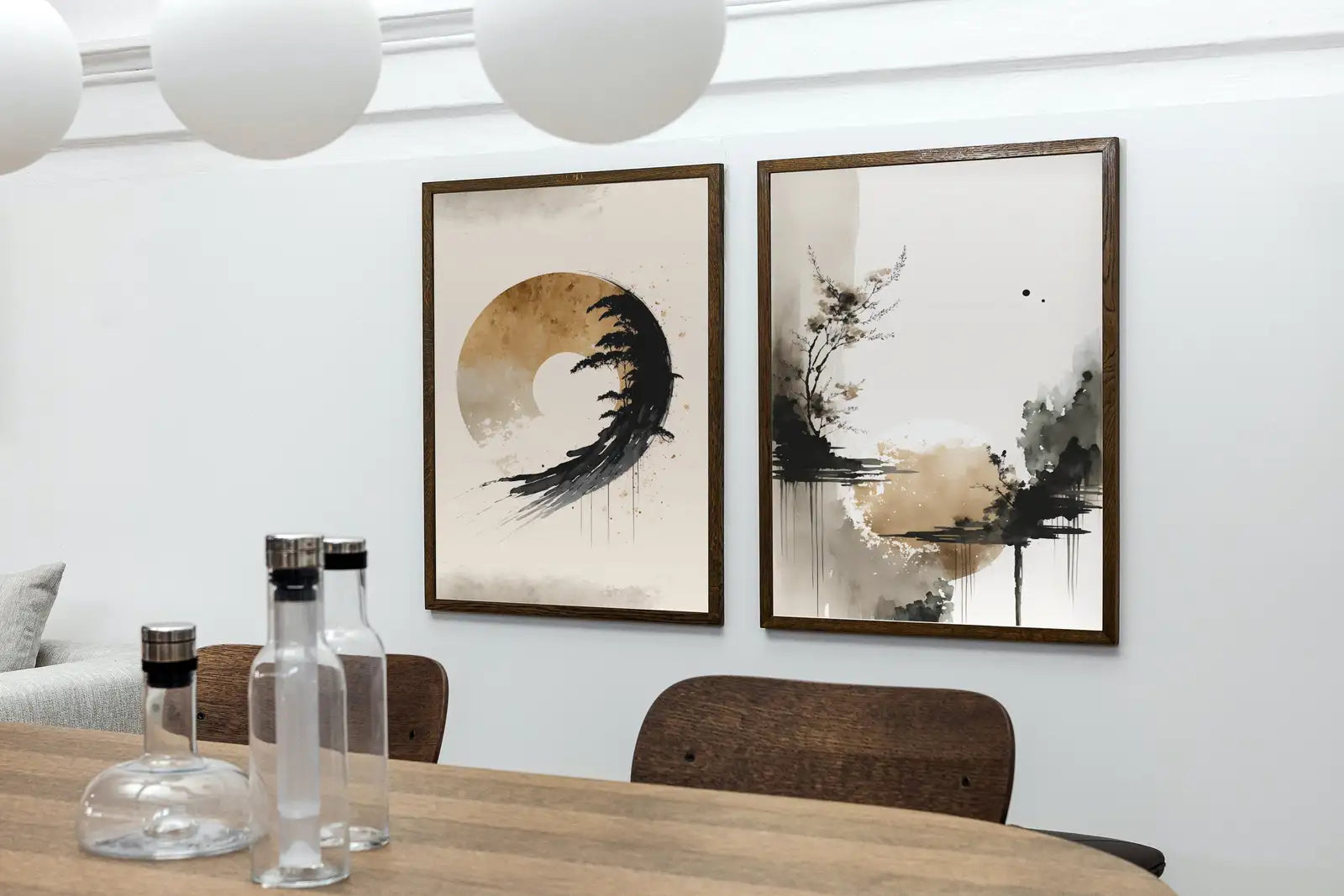 Ensemble de 2 tableaux abstraits modernes et neutres. Impressions abstraites wabi sabi en noir et beige, galerie murale minimaliste Zen, art mural Japandi