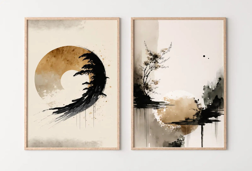 Ensemble de 2 tableaux abstraits modernes et neutres. Impressions abstraites wabi sabi en noir et beige, galerie murale minimaliste Zen, art mural Japandi
