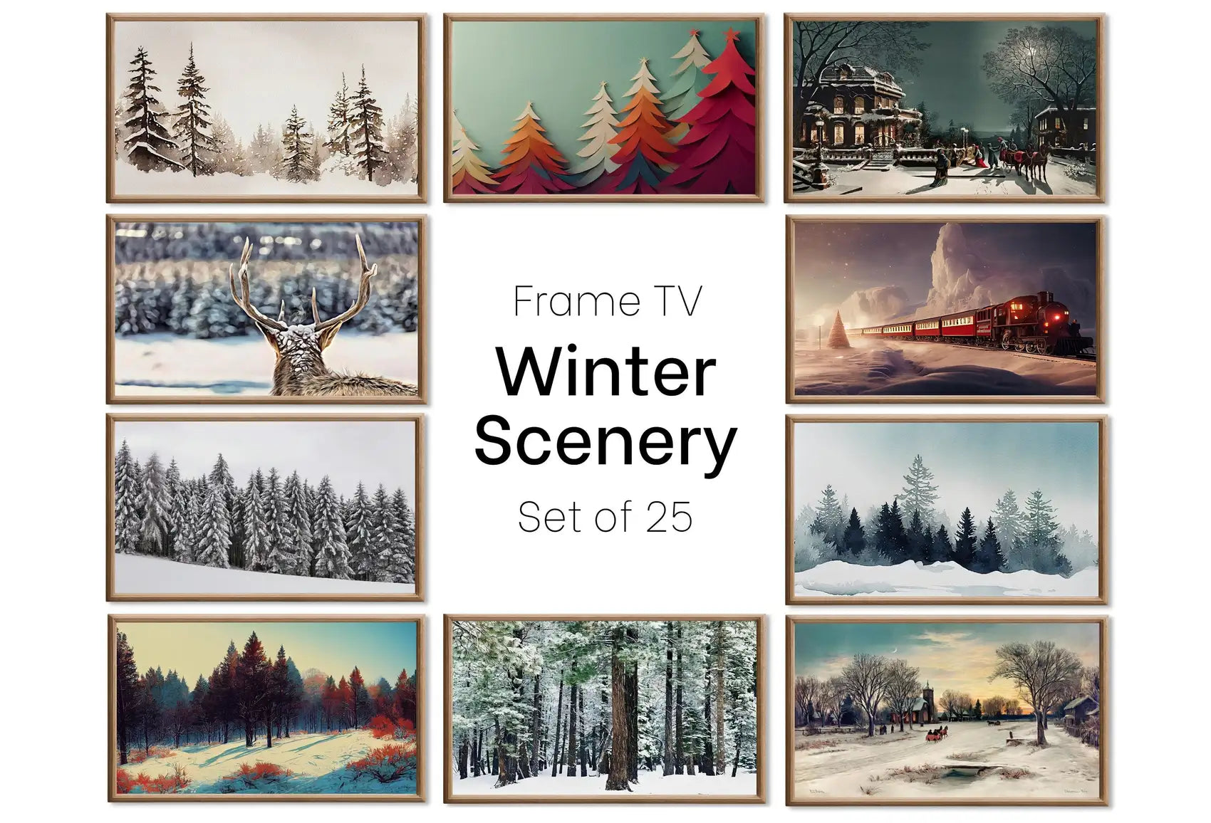 Collection de 25 tableaux 4K pour Frame TV - Paysages de Noël et d’hiver : Décoration de fêtes en art numérique. Ensemble téléchargeable pour Frame TV.