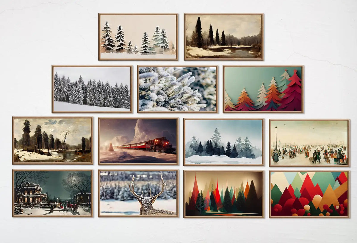 Included artwork preview showing first selection of artworks from Set of 25 Samsung Frame TV 4K Art. Christmas & Winter Landscapes Digital Art Collection. Holiday Decor Art Set Instant Download Frame TV Art.