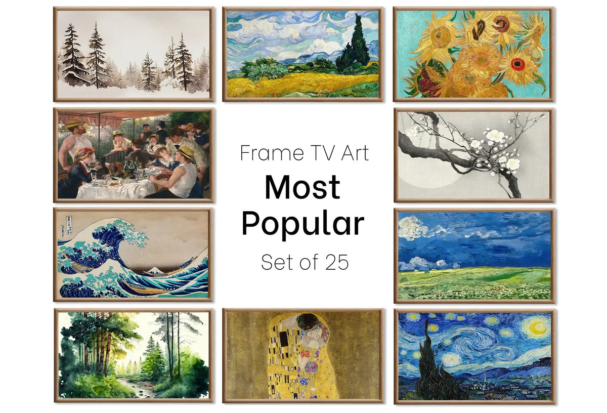 Set of 25 Samsung Frame TV 4K Art. Most Popular Paintings & Digital Art Ultimate Collection. TV Art Set. Instant Download Frame TV Art displayed on Samsung Frame TV on a living room wall.