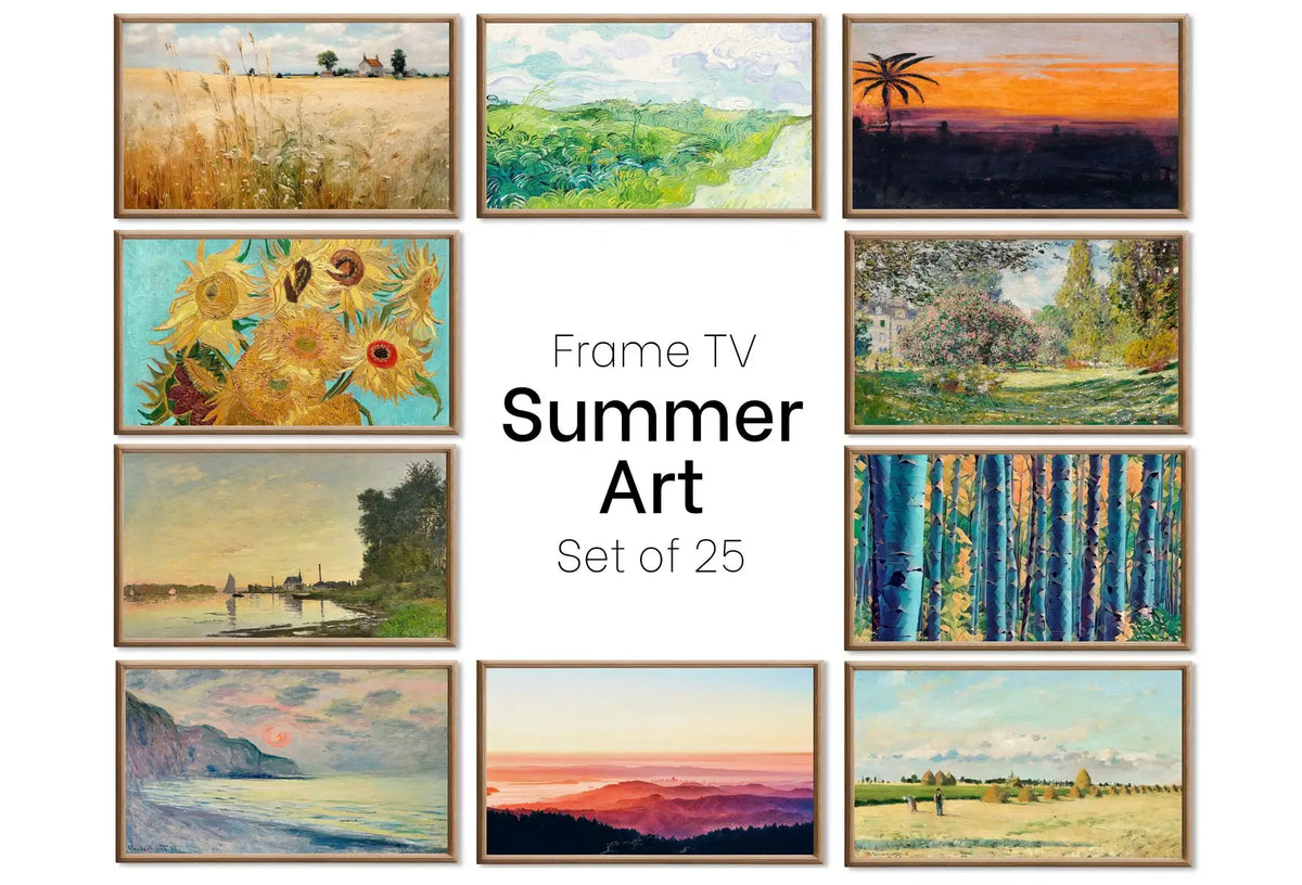 Set of 25 Samsung Frame TV 4K Art. Summer Wall Art Nature Digital Collection. Vintage Summer Decor TV Art Set. Instant Download Frame TV Art displayed on Samsung Frame TV on a living room wall.