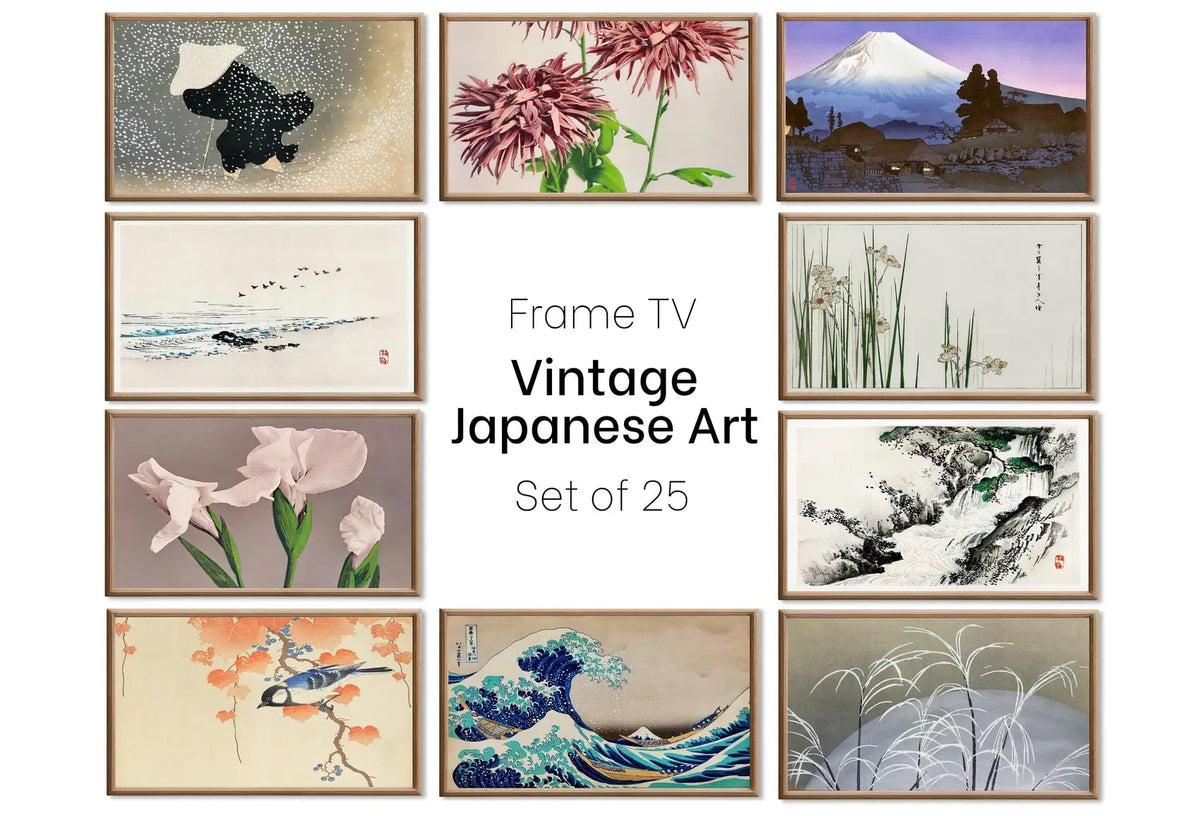 Set of 25 Samsung Frame TV 4K Art. Vintage Japanese Paintings Collection. Antique Japanese Art Set. Instant Download Japanese Frame TV Art displayed on Samsung Frame TV on a living room wall.