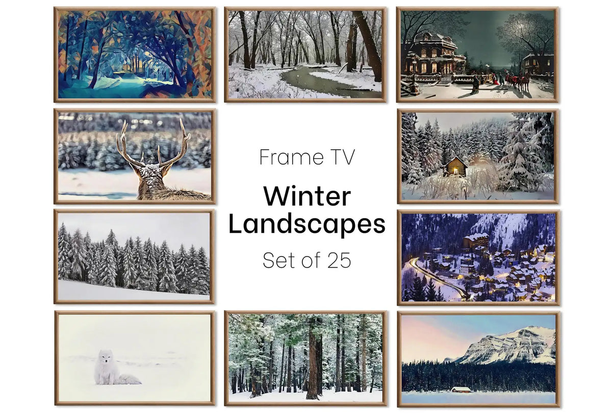 Set of 25 Samsung Frame TV 4K Art. Winter Wall Art Nature Digital Collection. Winter Snow Decor TV Art Set. Instant Download Frame TV Art. displayed on Samsung Frame TV on a living room wall.