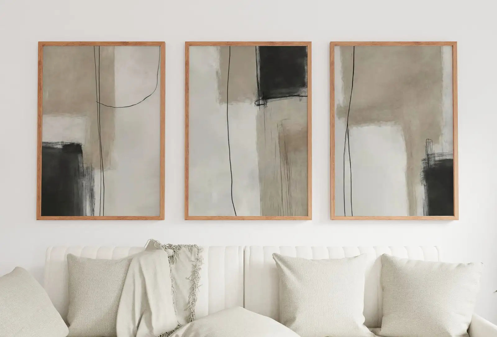 Framed view of Set of 3 Modern Neutral Abstract Printable Wall Art. Black and Beige Minimalist Abstract Prints. Neutral Gallery Wall, Japandi Wall Decor. – printable wall art digital download.