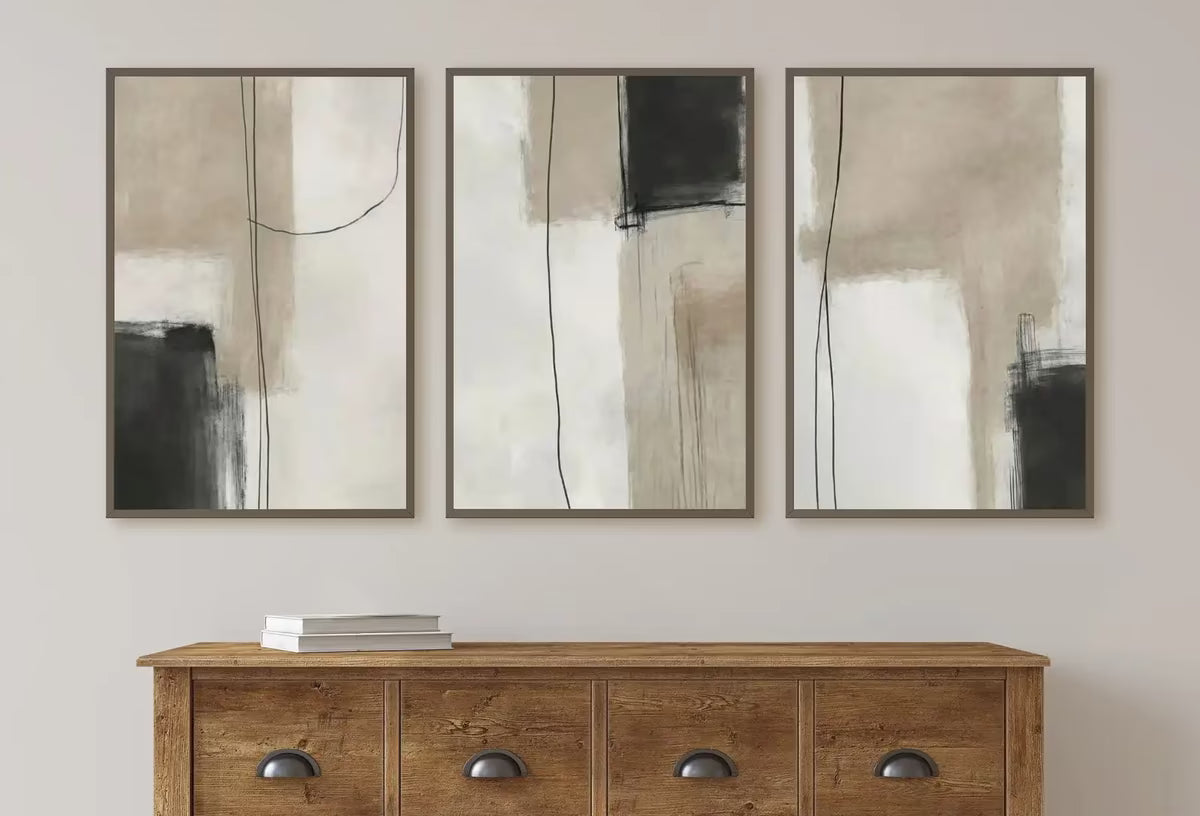 Set of 3 Modern Neutral Abstract Printable Wall Art. Black and Beige Minimalist Abstract Prints. Neutral Gallery Wall. Japandi Wall Decor