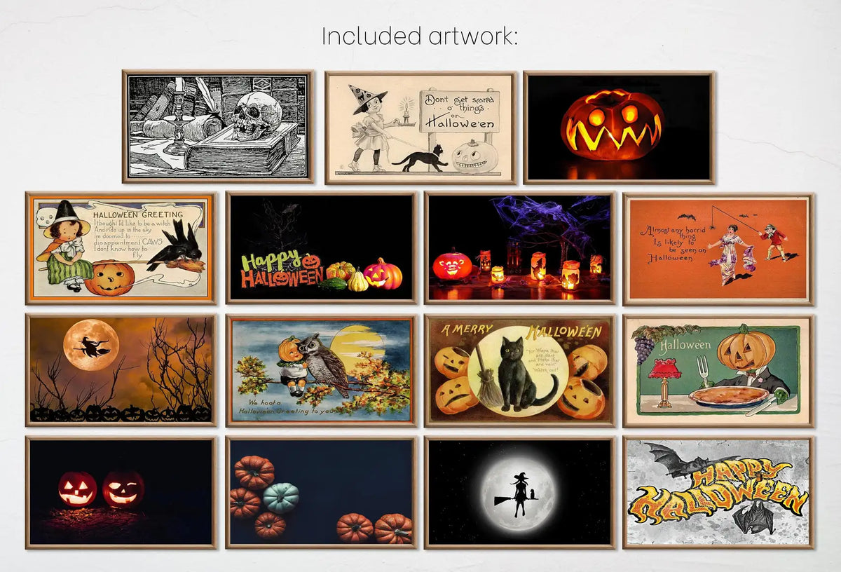 Included artwork preview showing first selection of artworks from Set of 30 Samsung Frame TV 4K Art. Halloween Decor Digital Collection. Spooky & Vintage Halloween TV Art Set. Instant Download Frame TV Art.