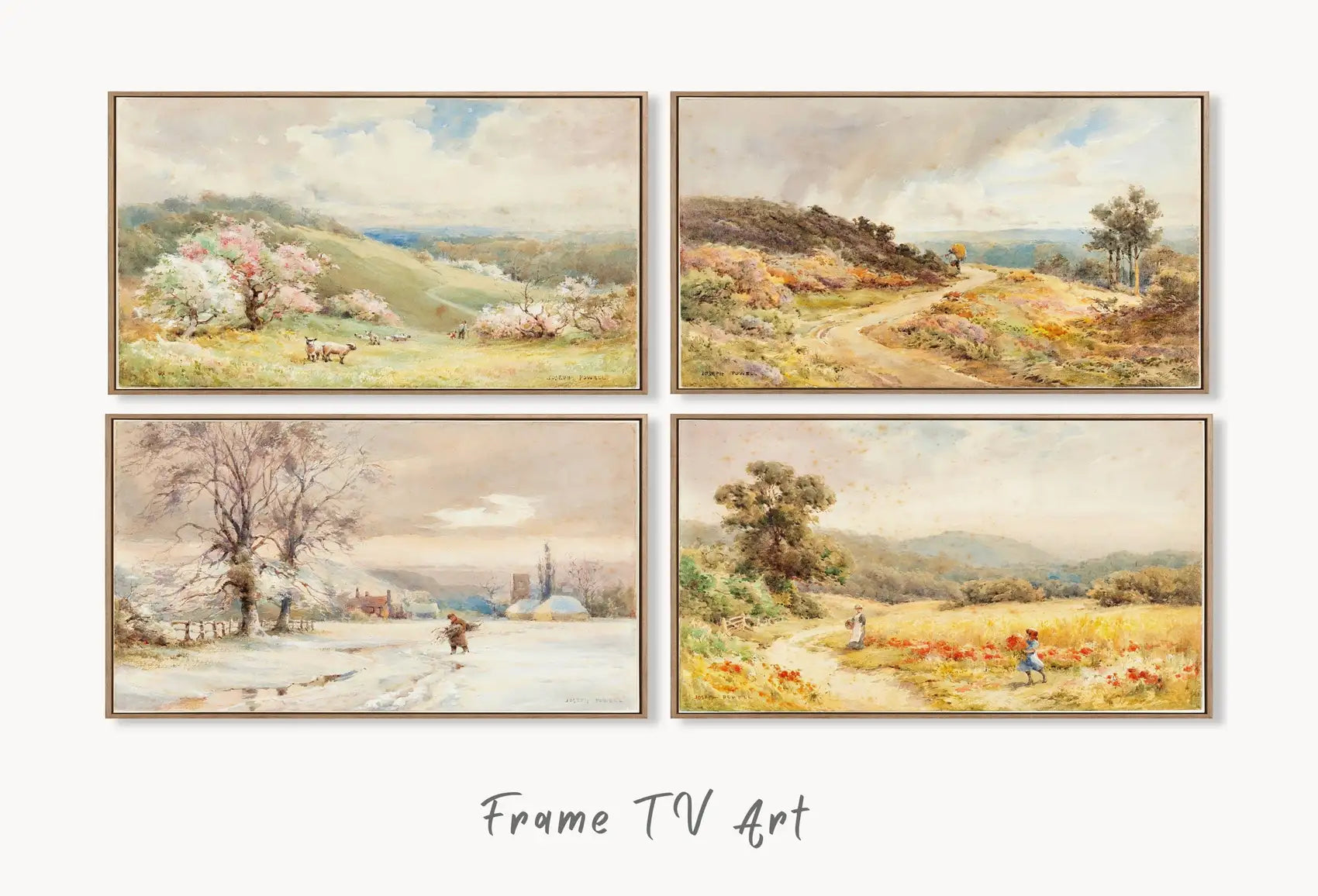 Set of 4 - Samsung Frame TV Art 4K Vintage Seasons Landscape Paintings. Instant Download Colorful Art for the Frame TV. Landscape Art for TV displayed on Samsung Frame TV on a living room wall.