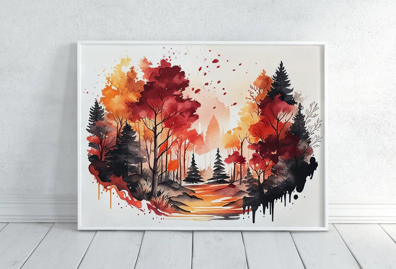 Ensemble de 4 paysages forestiers automnaux à l’aquarelle - Décoration murale nature, ensemble pour galerie. Peinture numérique de forêts vertes.
