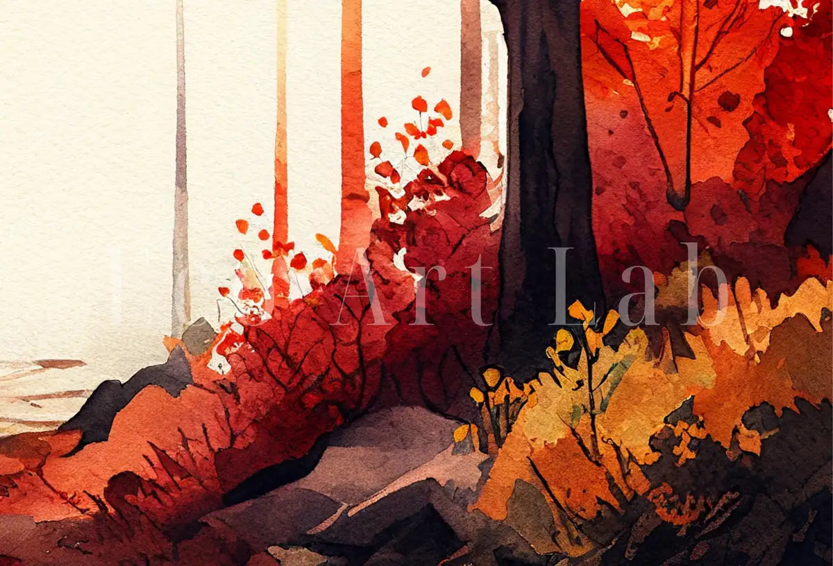 Ensemble de 4 paysages forestiers automnaux à l’aquarelle - Décoration murale nature, ensemble pour galerie. Peinture numérique de forêts vertes.