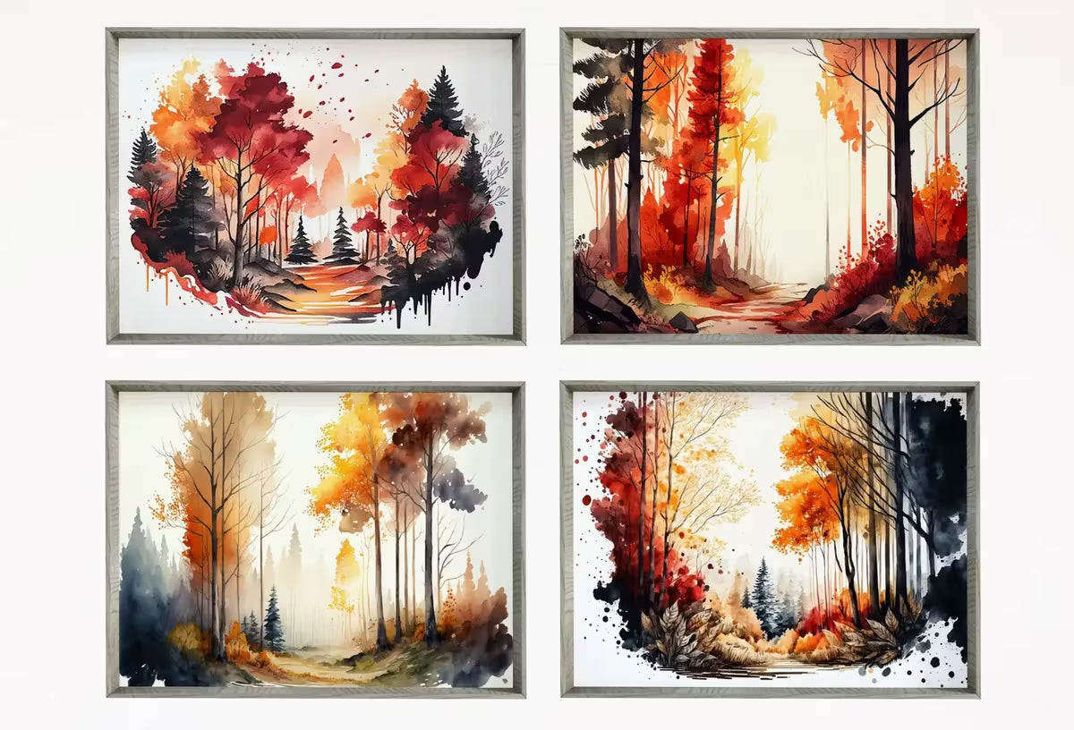 Set of 4 Watercolor Fall Forests Landscapes Printable Wall Art. Nature Decor Gallery Wall Set. Digital Art Green Forest Trees Painting Print – Printable Wall Art Set