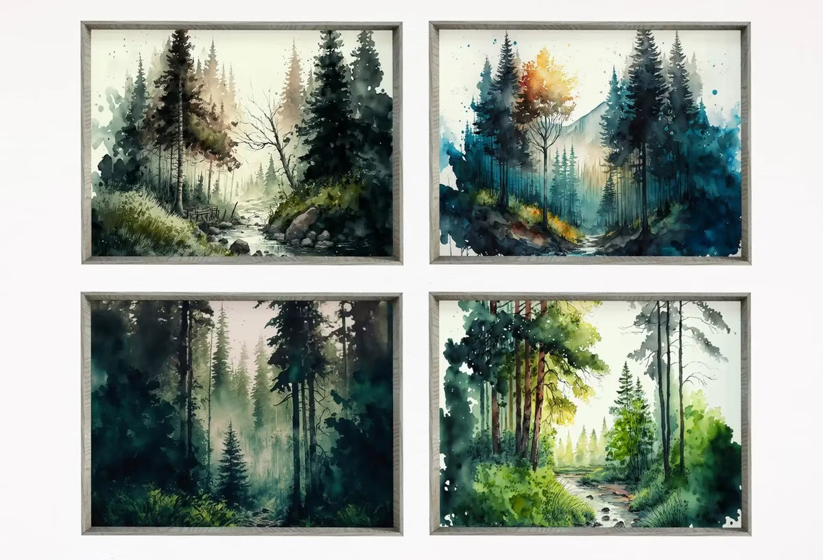 Set of 4 Watercolor Forests Landscape Art. Printable Wall Art. Digital Art Green Forest Trees Painting Print. Nature Decor. Gallery Wall Set – Printable Wall Art Set
