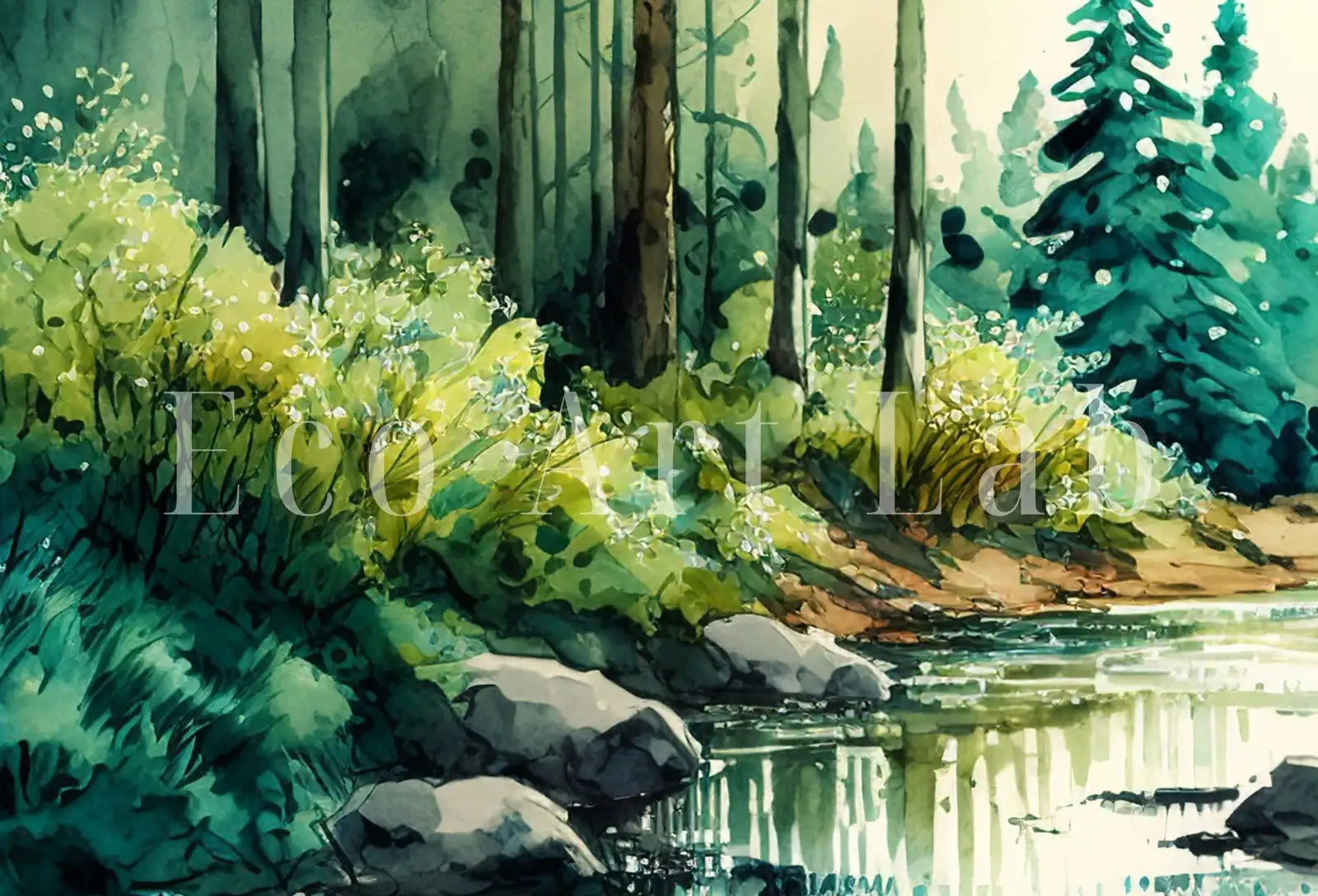 Ensemble de quatre tableaux de paysages forestiers à l’aquarelle. Œuvre murale imprimable. Ensemble pour galerie murale. Reproduction de peinture d’arbres de forêt verte en art numérique. Décor naturel.