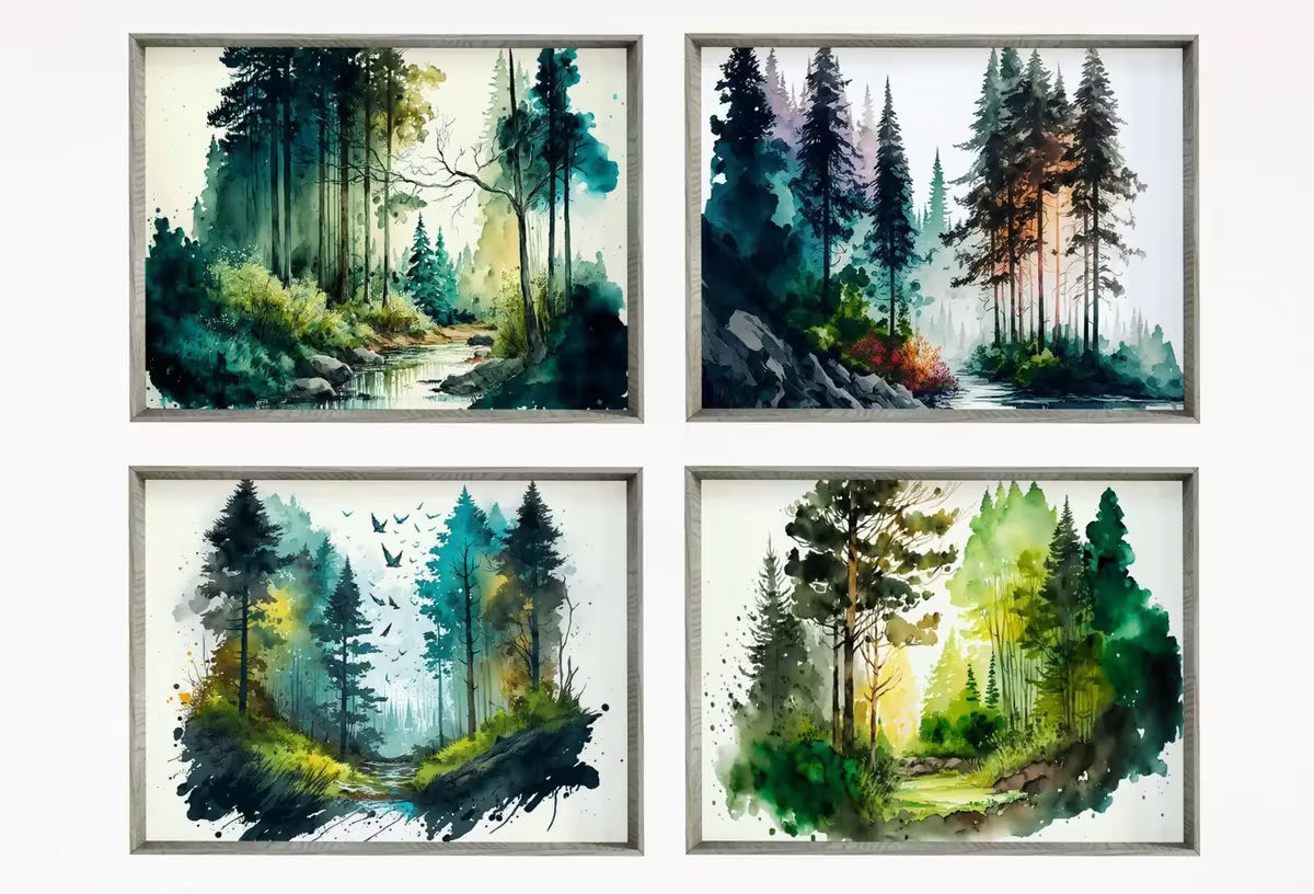 Set of 4 Watercolor Forests Landscape Art. Printable Wall Art. Gallery Wall Set. Digital Art Green Forest Trees Painting Print. Nature Decor – Printable Wall Art Set