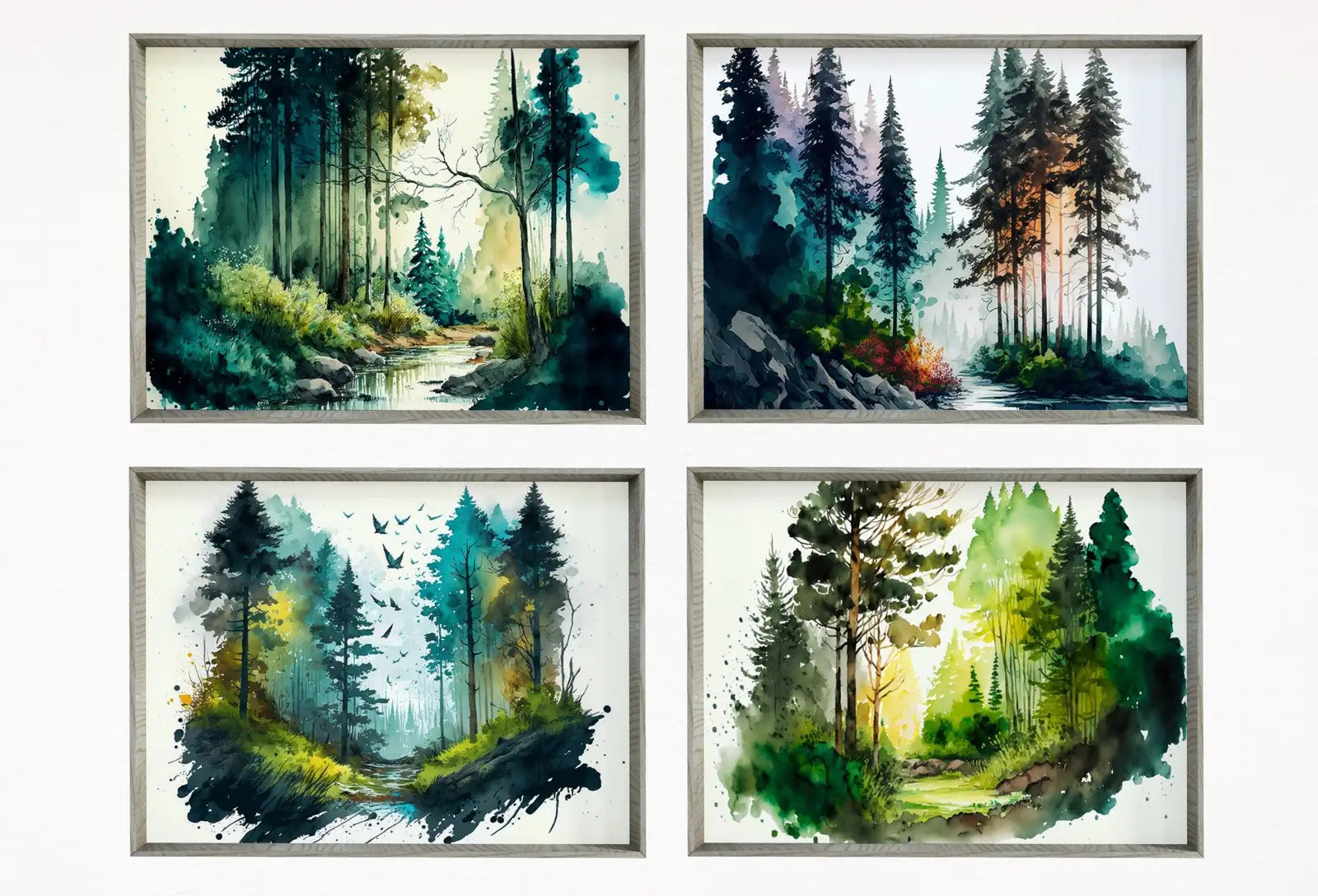 Ensemble de quatre tableaux de paysages forestiers à l’aquarelle. Œuvre murale imprimable. Ensemble pour galerie murale. Reproduction de peinture d’arbres de forêt verte en art numérique. Décor naturel.