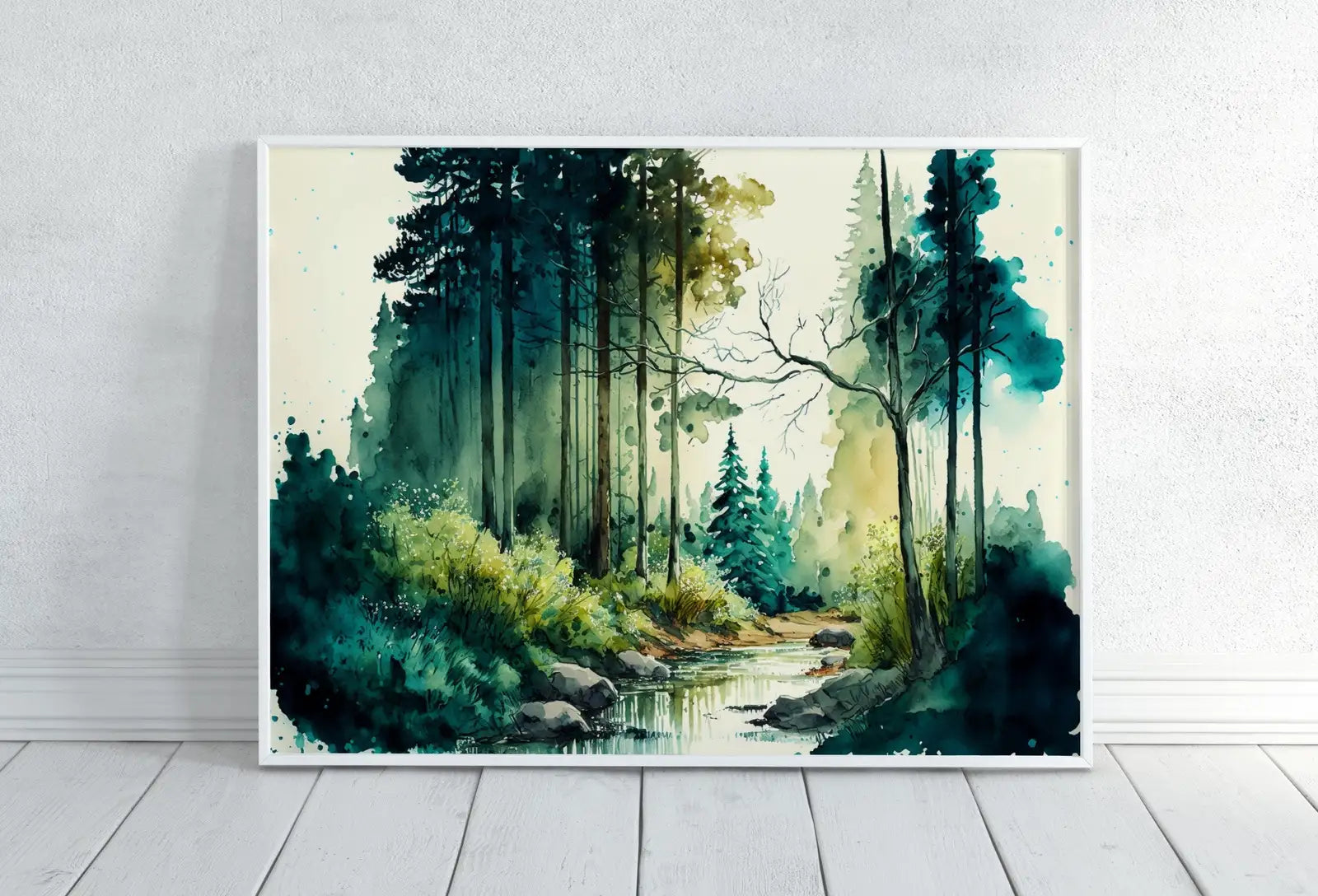 Ensemble de quatre tableaux de paysages forestiers à l’aquarelle. Œuvre murale imprimable. Ensemble pour galerie murale. Reproduction de peinture d’arbres de forêt verte en art numérique. Décor naturel.