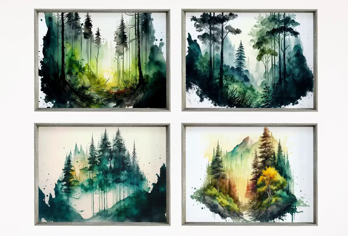 Set of 4 Watercolor Forests Landscape Art. Printable Wall Art. Nature Decor. Gallery Wall Set. Digital Art Green Forest Trees Painting Print – Printable Wall Art Set