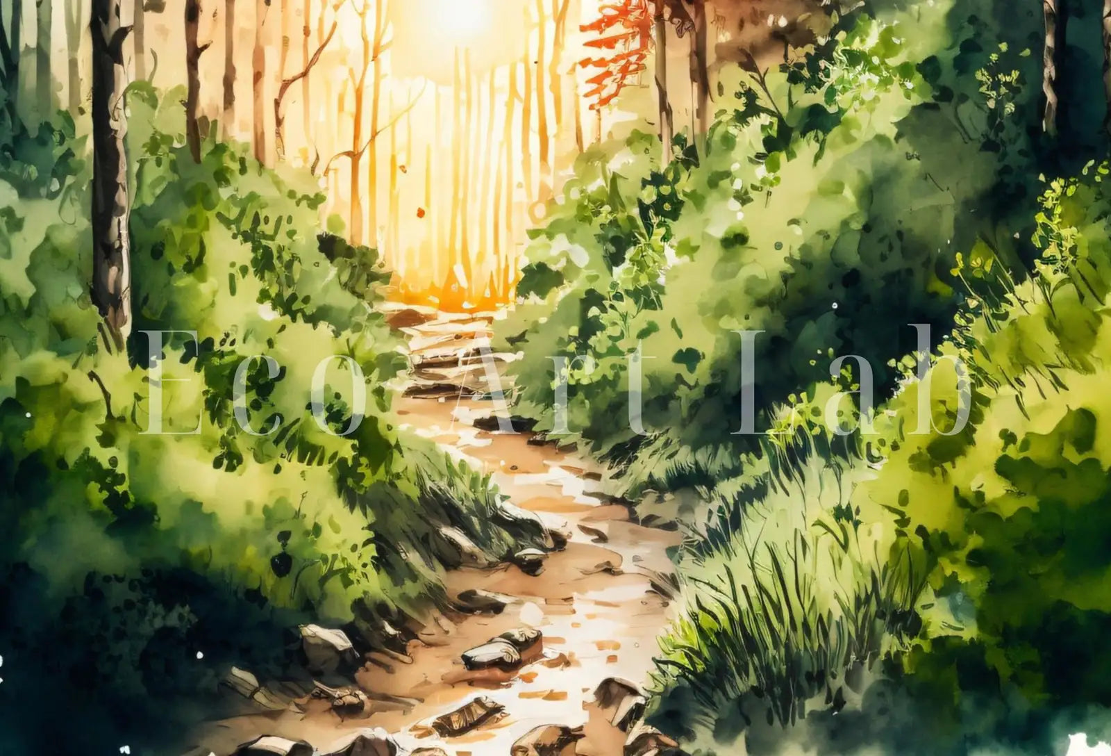Ensemble de 4 art de paysages forestiers à l’aquarelle : Art mural imprimable de décoration nature, impression de peinture de forêt verte, ensemble pour galerie murale.