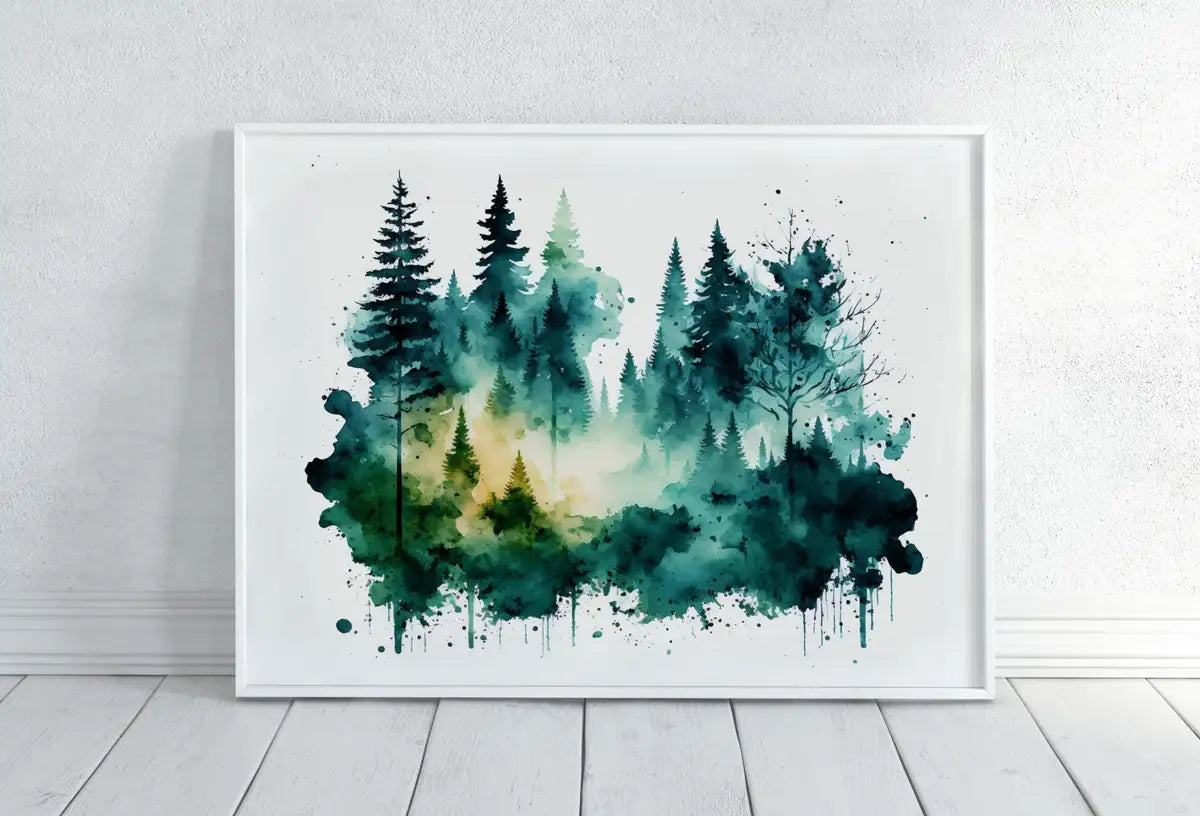 Ensemble de 4 art de paysages forestiers à l’aquarelle : Art mural imprimable de décoration nature, impression de peinture de forêt verte, ensemble pour galerie murale.