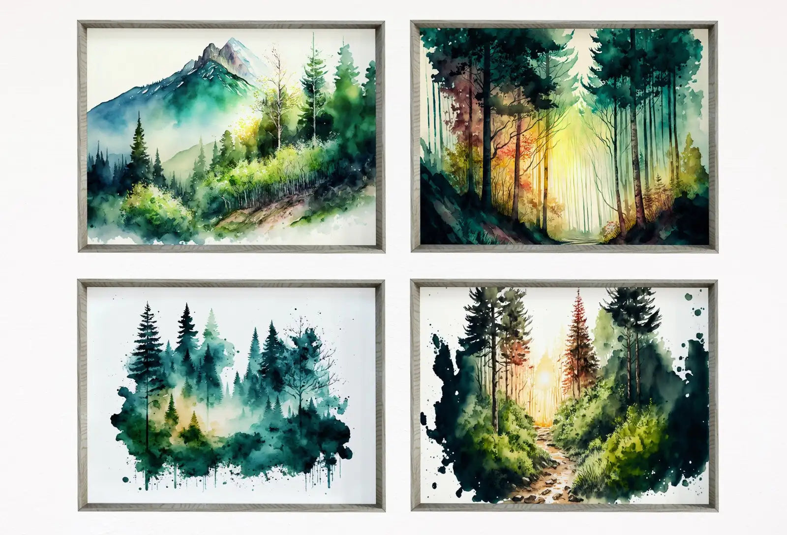Ensemble de 4 art de paysages forestiers à l’aquarelle : Art mural imprimable de décoration nature, impression de peinture de forêt verte, ensemble pour galerie murale.