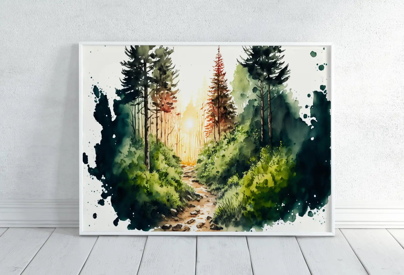 Ensemble de 4 art de paysages forestiers à l’aquarelle : Art mural imprimable de décoration nature, impression de peinture de forêt verte, ensemble pour galerie murale.